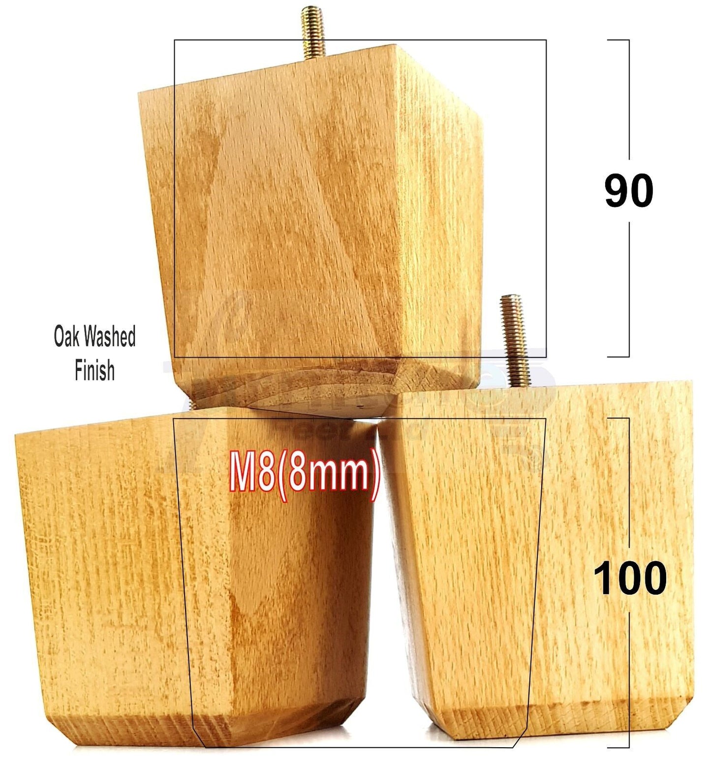 4x Solid Wood Square Furniture Legs Block Replacement Feet 100mm M8(8mm)
