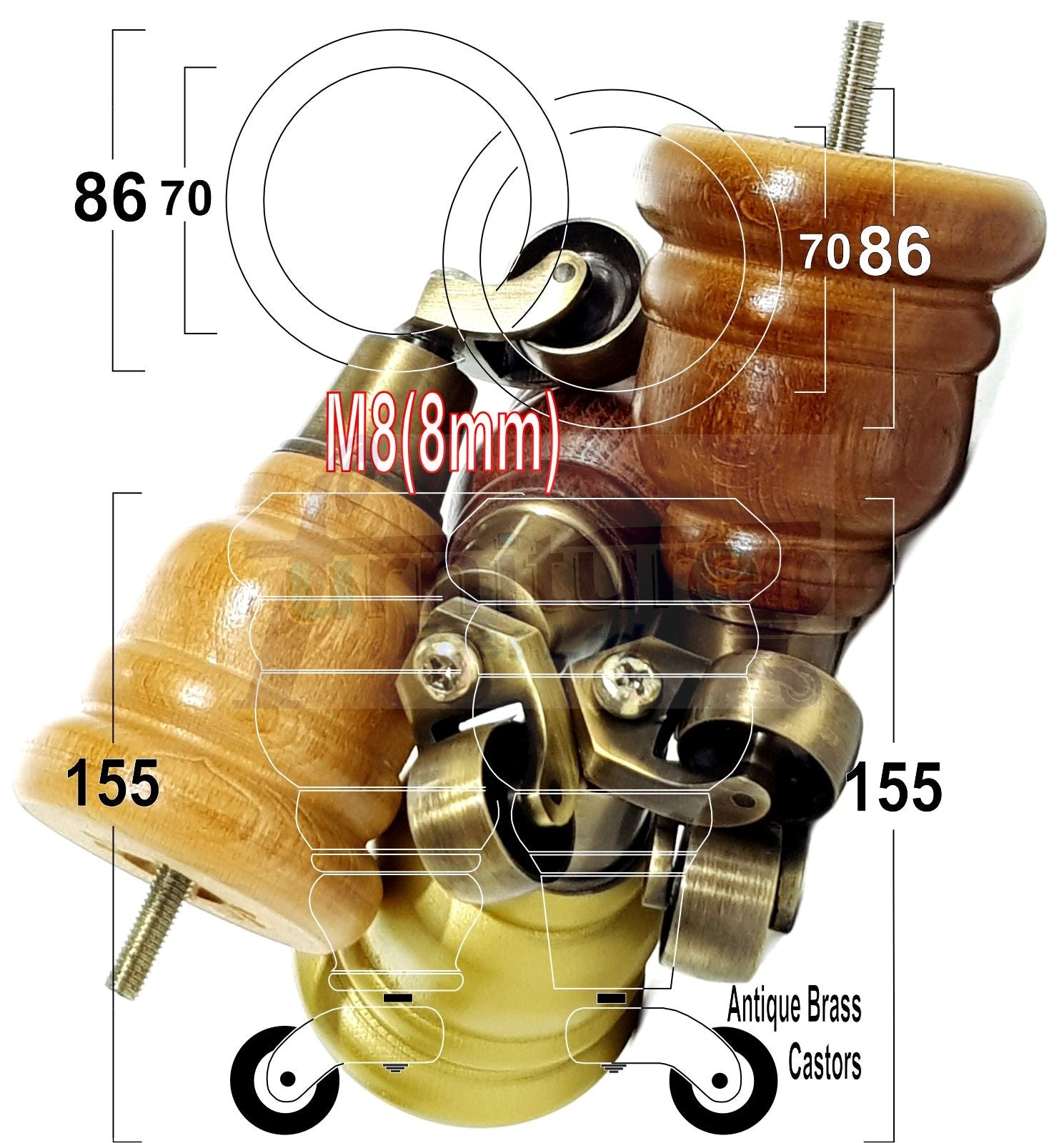4 Turned Wood Furniture Feet With Antique Brass Castors 155mm Legs Sofas Chairs Stools Cabinets Beds M8 6 Inches