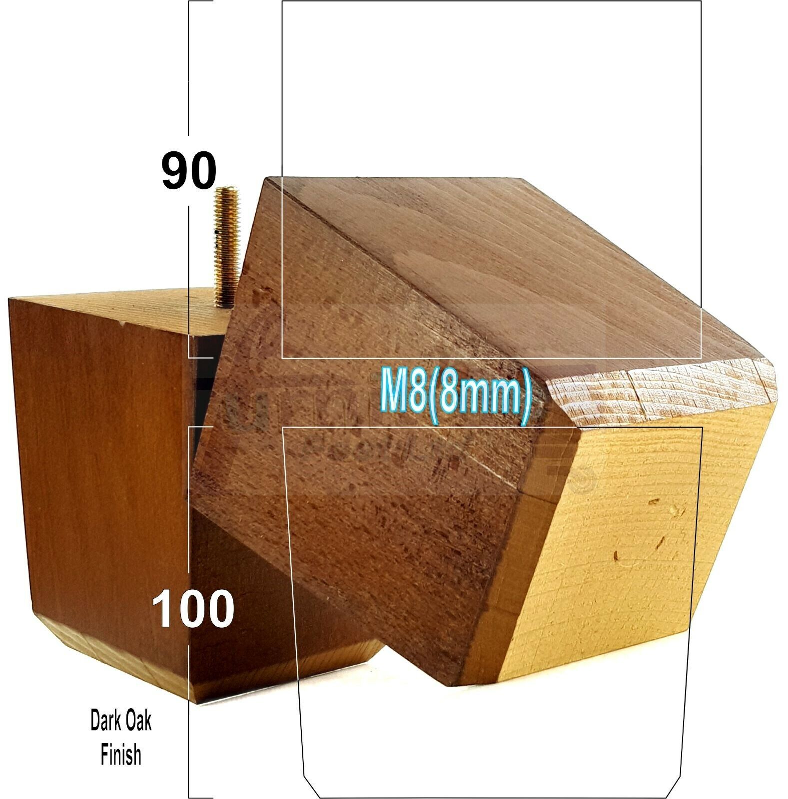 4x Solid Wood Square Furniture Legs Block Replacement Feet 100mm M8(8mm)