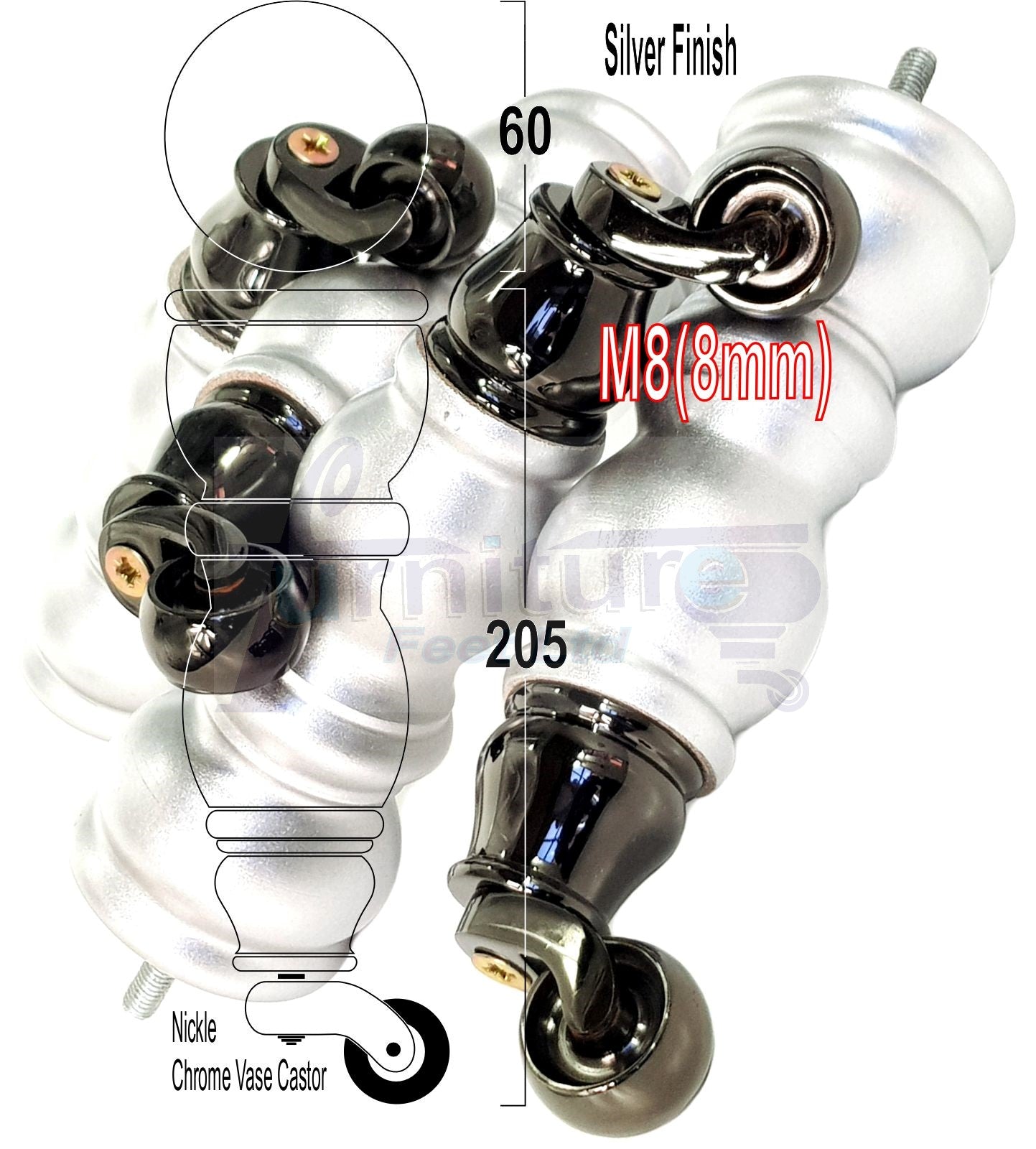 4x Furniture Feet With Castor 205mm High Legs Silver Wood M8 Sofas Chairs Stools Cabinets 8 Inches Tall