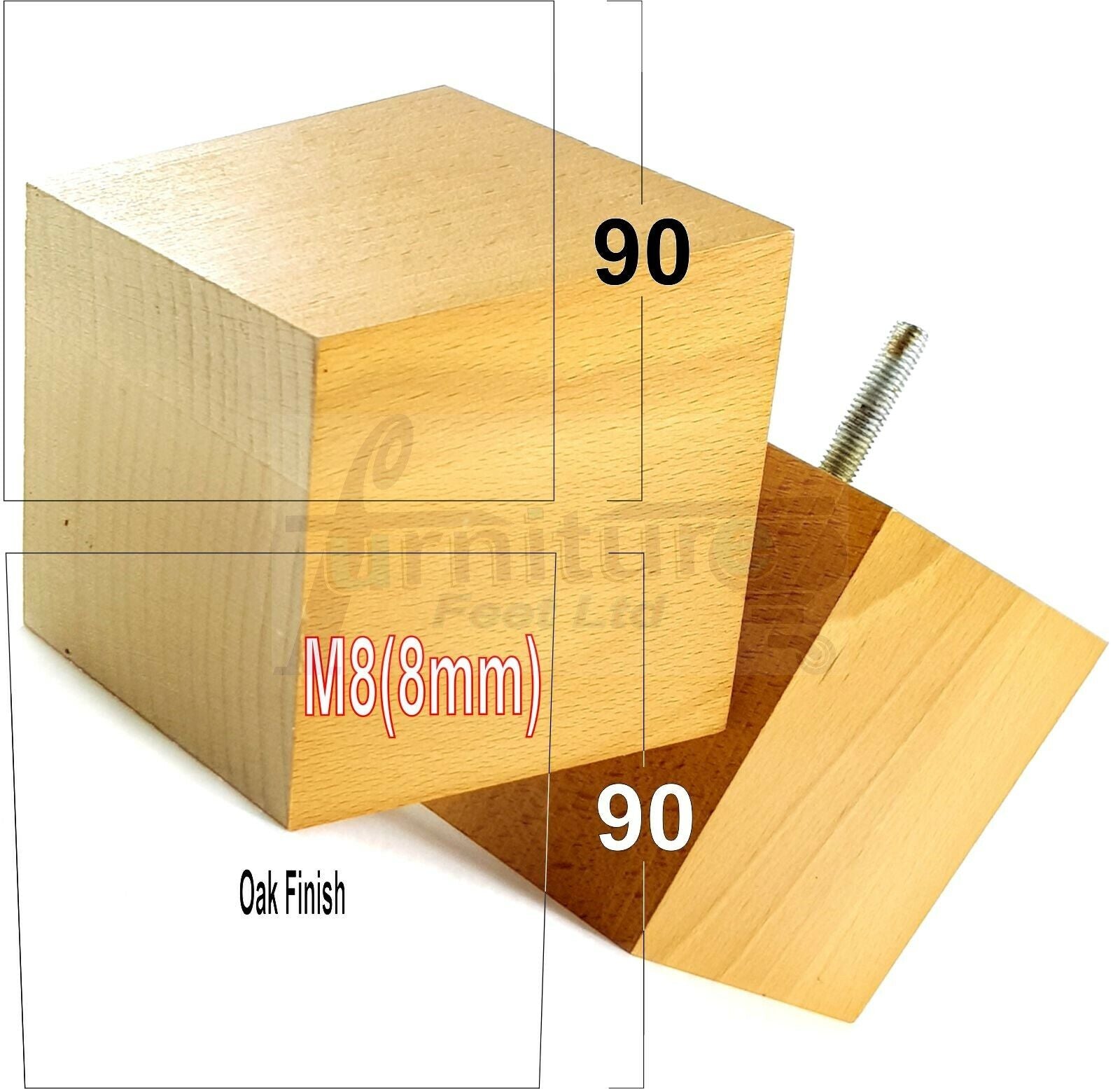 4x Solid Wood Square Feet Replacement Block Legs 90mm High Furniture Chairs Stools Sofa Beds Settee Cabinets 8mm Thread