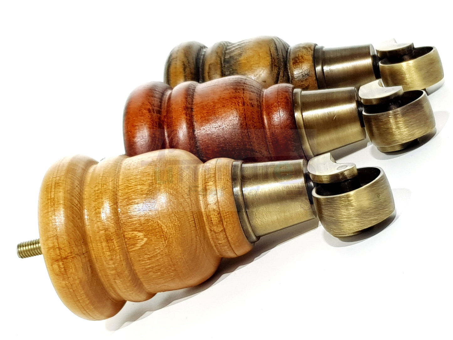 4 Turned Wood Furniture Feet With Antique Brass Castors 155mm Legs Sofas Chairs Stools Cabinets Beds M8 6 Inches