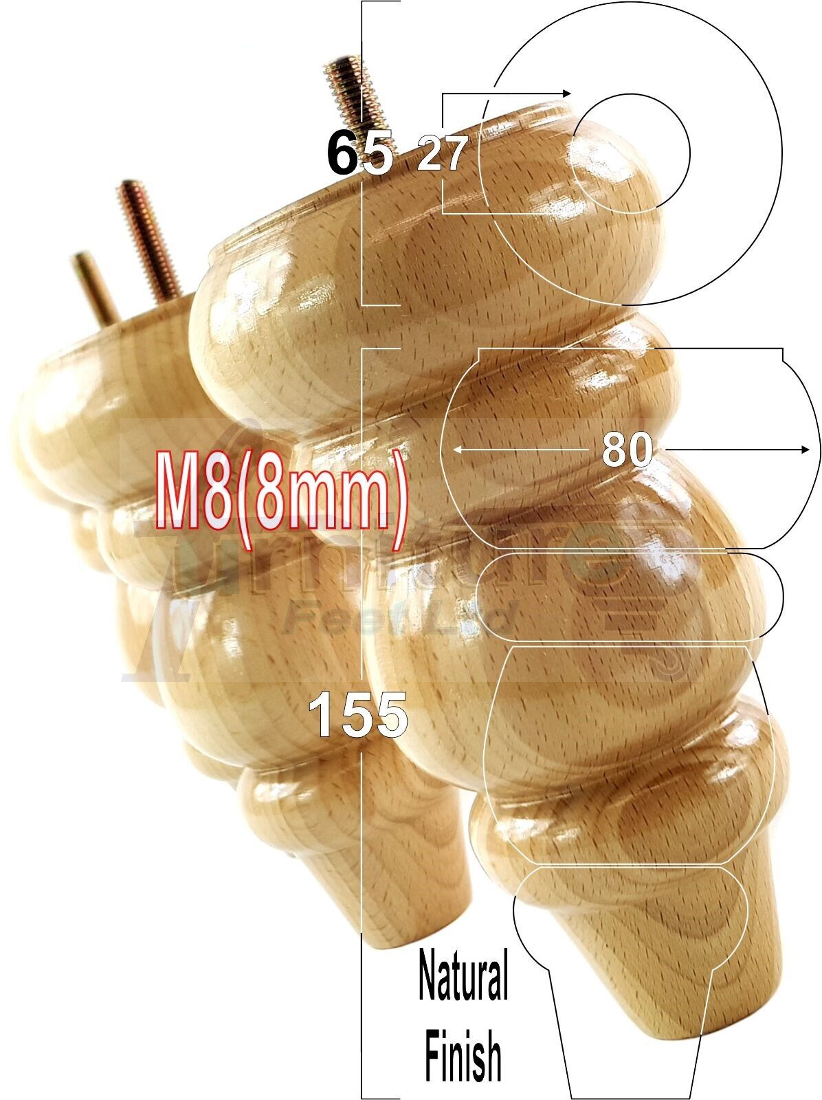 4 Solid Turned Wood Furniture Sofa Leg M8 Chair Settee Footstool Feet 155mm High