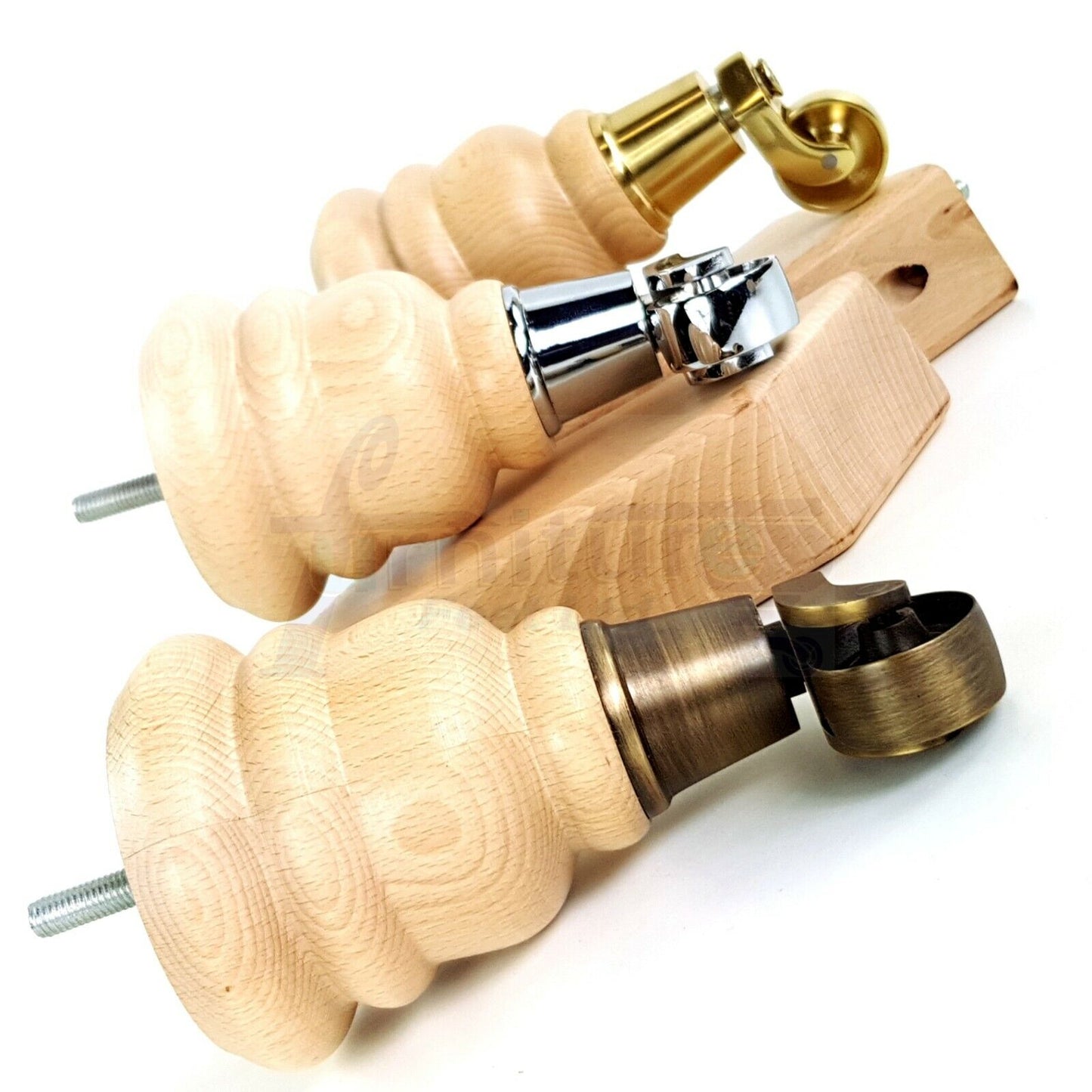 Turned Natural Wood Furniture Feet 2 With Castors 155mm and 2 Curved Back Legs Sofas Chairs Stools Cabinets Beds M8 6 Inches