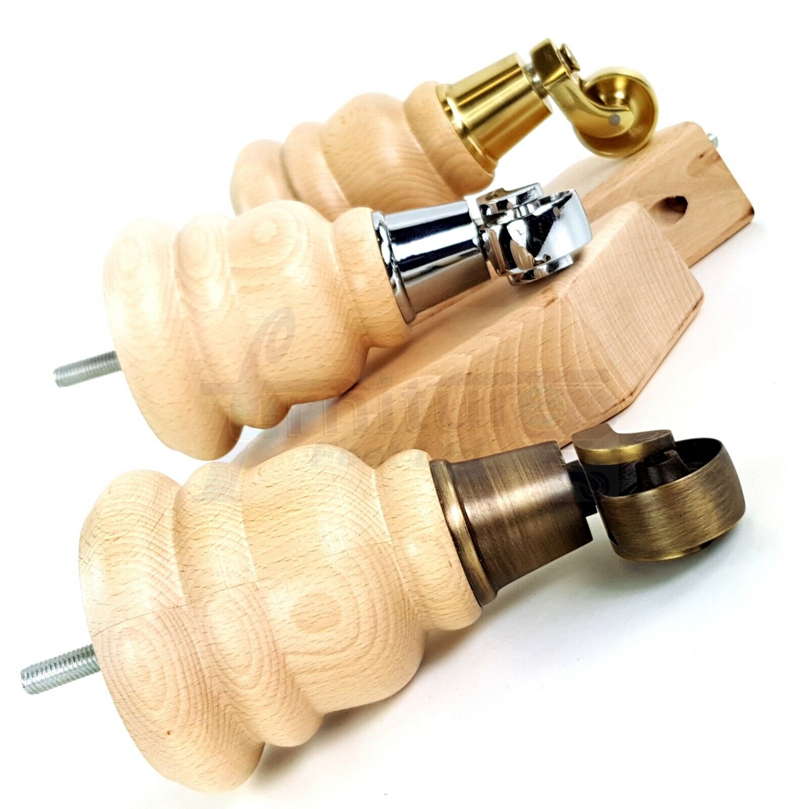 Turned Natural Wood Furniture Feet 2 With Castors 155mm and 2 Curved Back Legs Sofas Chairs Stools Cabinets Beds M8 6 Inches