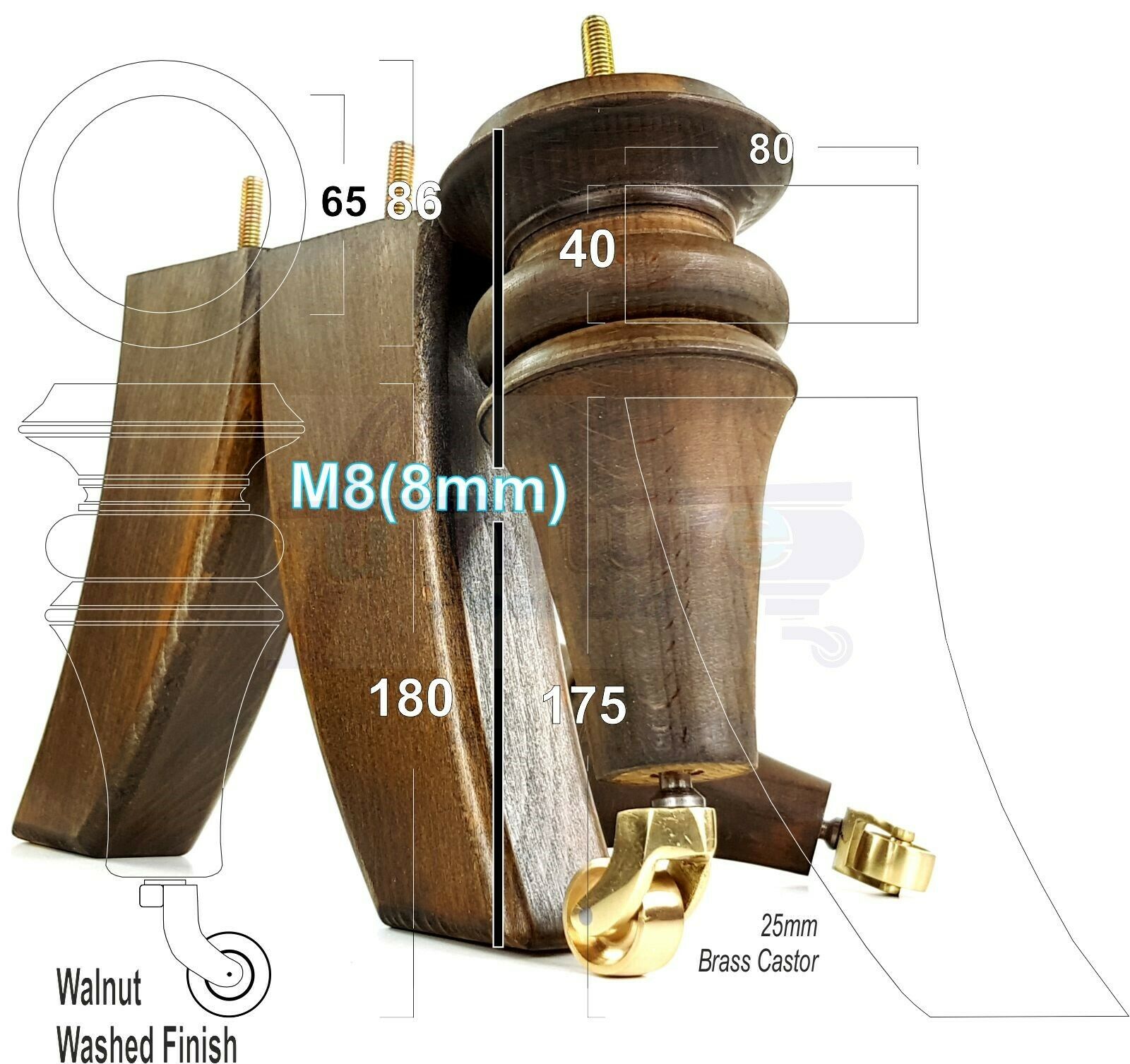 2x Turned & 2x Curved Back Wooden Feet Replacement Furniture Legs 180mm M8(8mm)
