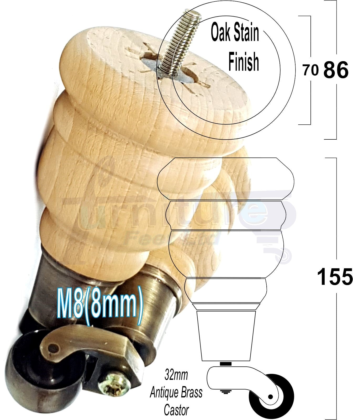 4 Turned Wood Furniture Feet With Antique Brass Castors 155mm Legs Sofas Chairs Stools Cabinets Beds M8 6 Inches