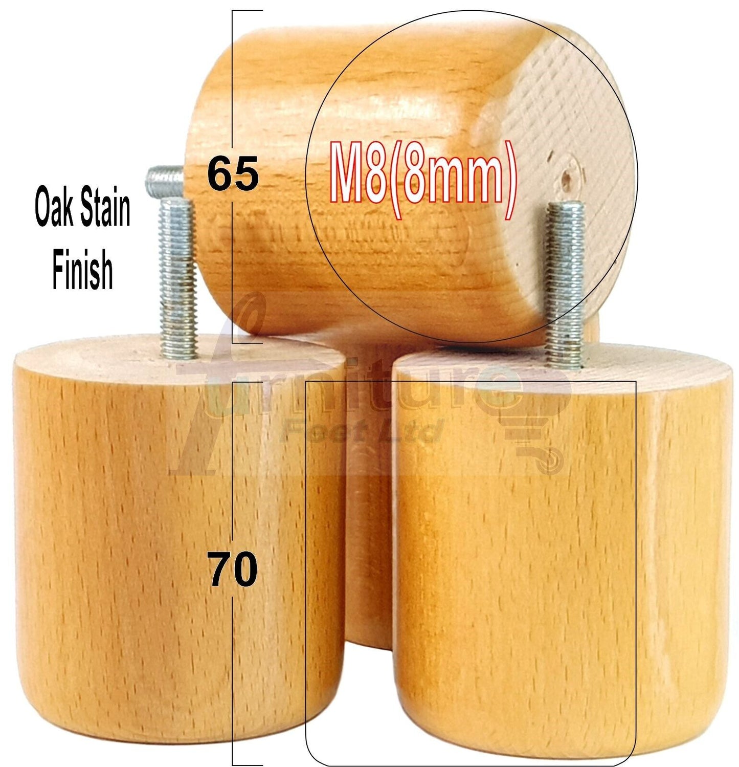 4x Solid Wood Turned Furniture Legs Replacement Bun Feet 70mm High 8mm Thread