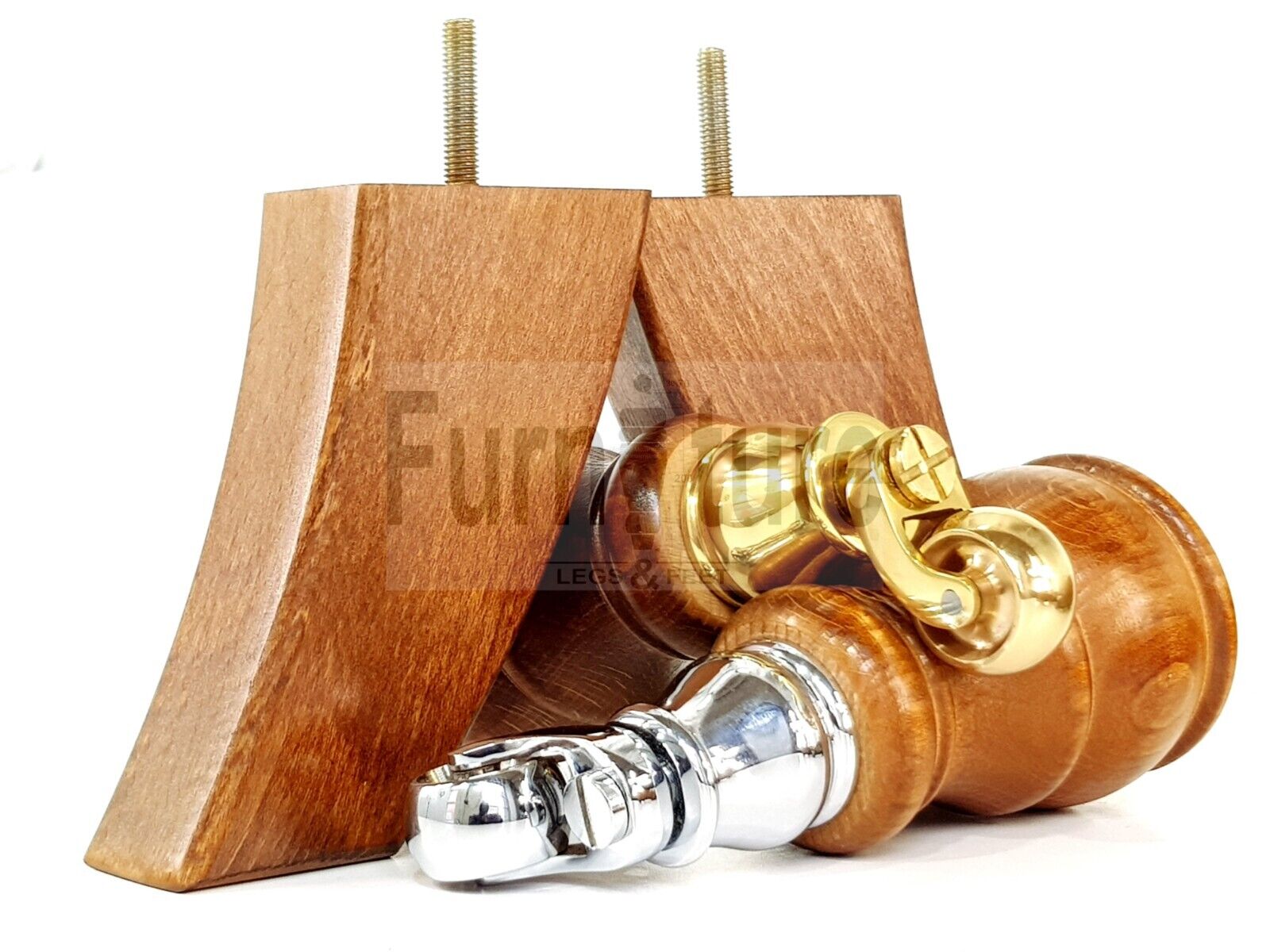 2 Wooden Castor Furniture Sofa Legs & 2 Curved Back Feet  Dark Oak Stain M8 Chair Settee Feet 160mm High