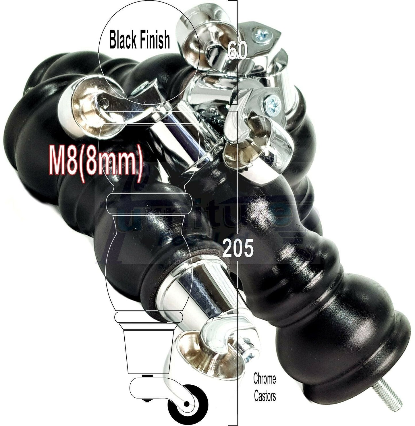 4x Furniture Feet With Castor 205mm High Legs Black Wood M8 Sofas Chairs Stools Cabinets 8 Inches Tall