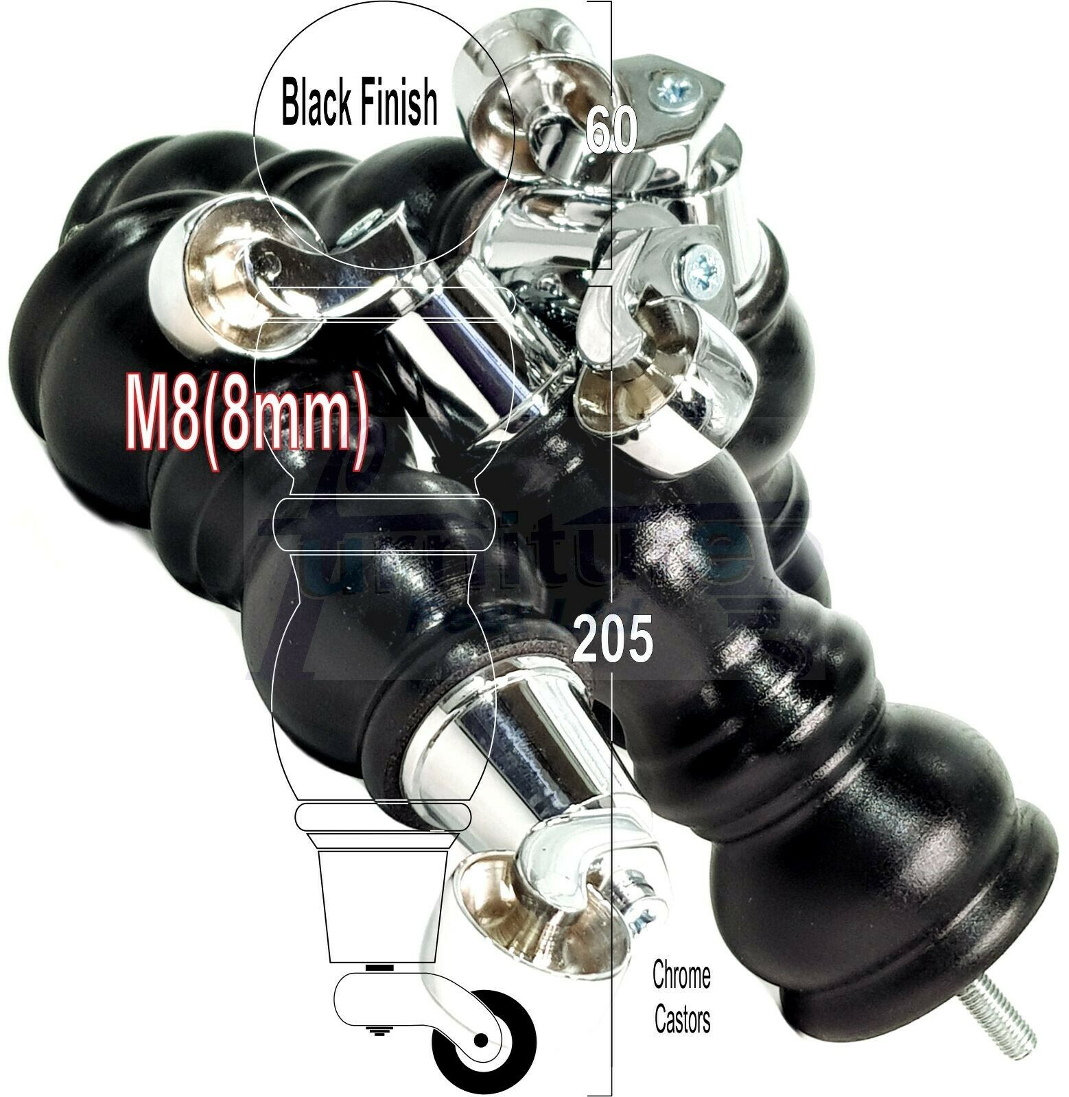 4x Furniture Feet With Castor 205mm High Legs Black Wood M8 Sofas Chairs Stools Cabinets 8 Inches Tall