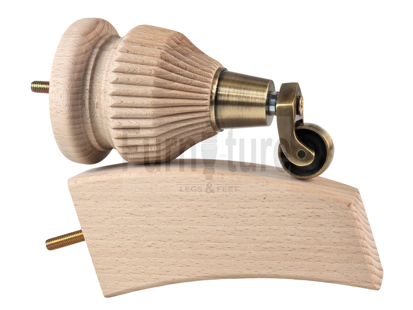 Solid Wood Replacement Furniture Legs 6 Inches with 2x Castors and 2x Back Feet 155mm High M8 Dowl Fixing - Raw Wood
