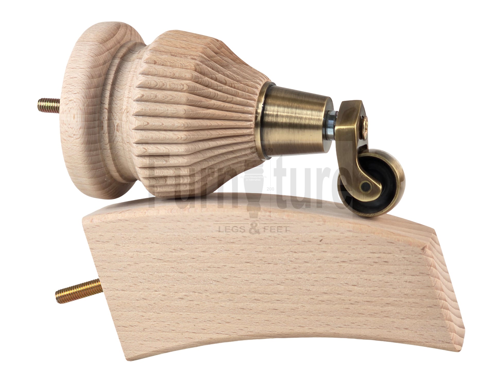 Solid Wood Replacement Furniture Legs 6 Inches with 2x Castors and 2x Back Feet 155mm High M8 Dowl Fixing - Raw Wood