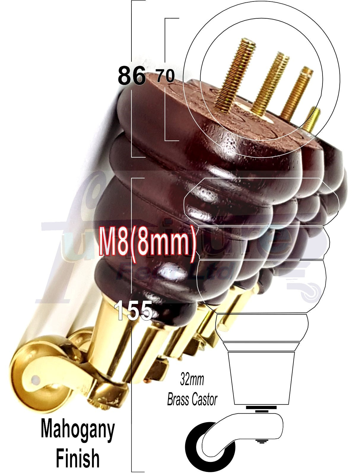 4 Turned Wood Furniture Feet With Brass Castors 155mm Legs Sofas Chairs Stools Cabinets Beds M8 6 Inches