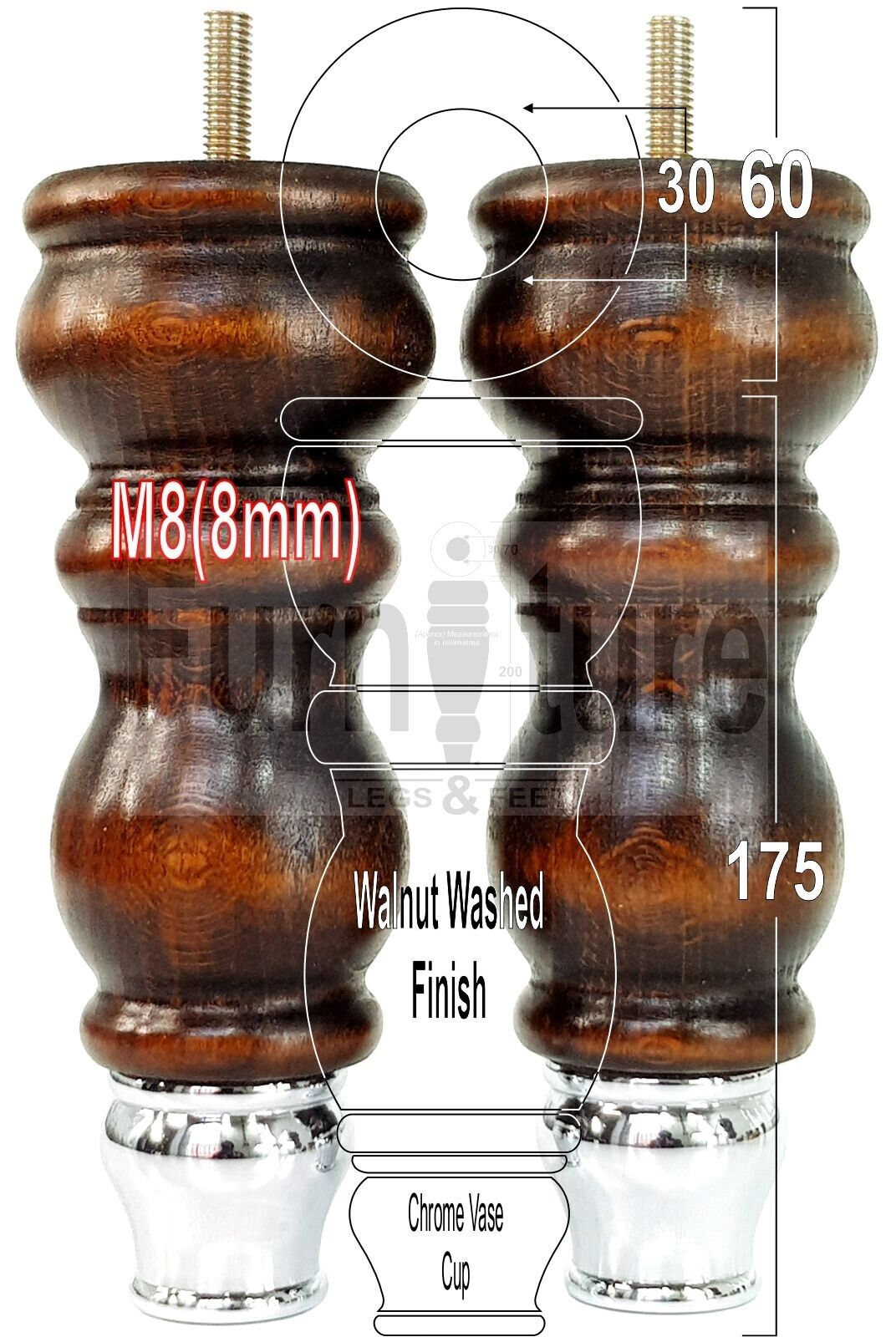 4x Furniture Feet With Slipper Cup 175mm High Legs Dark Walnut Finish Wood M8 Sofas Chairs Cabinets