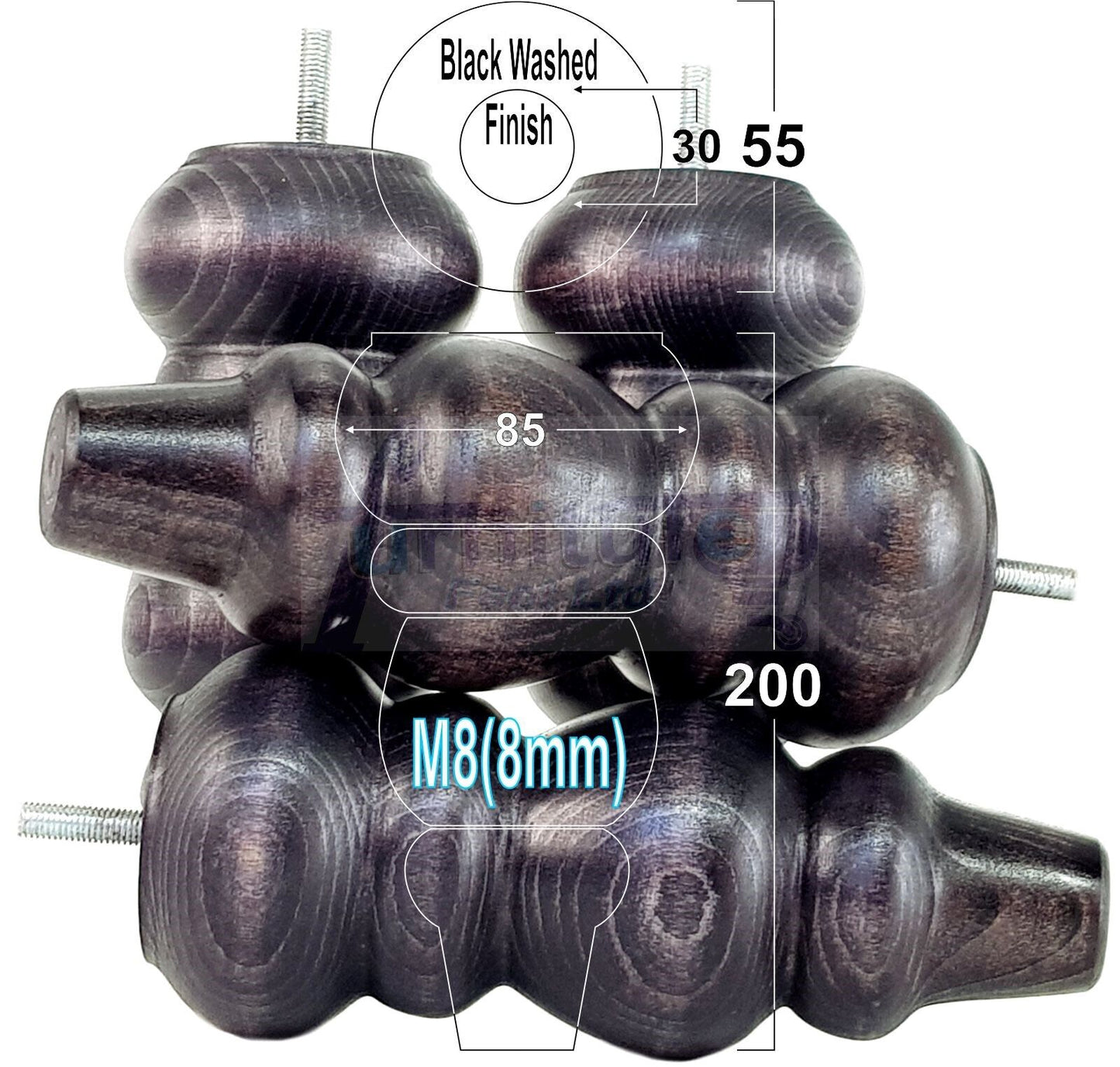 Solid Wood Furniture Feet Replacement Turned Legs 200mm High Chairs Stools Sofa's Beds Settee Cabinets M8 Various Colours Set of 4