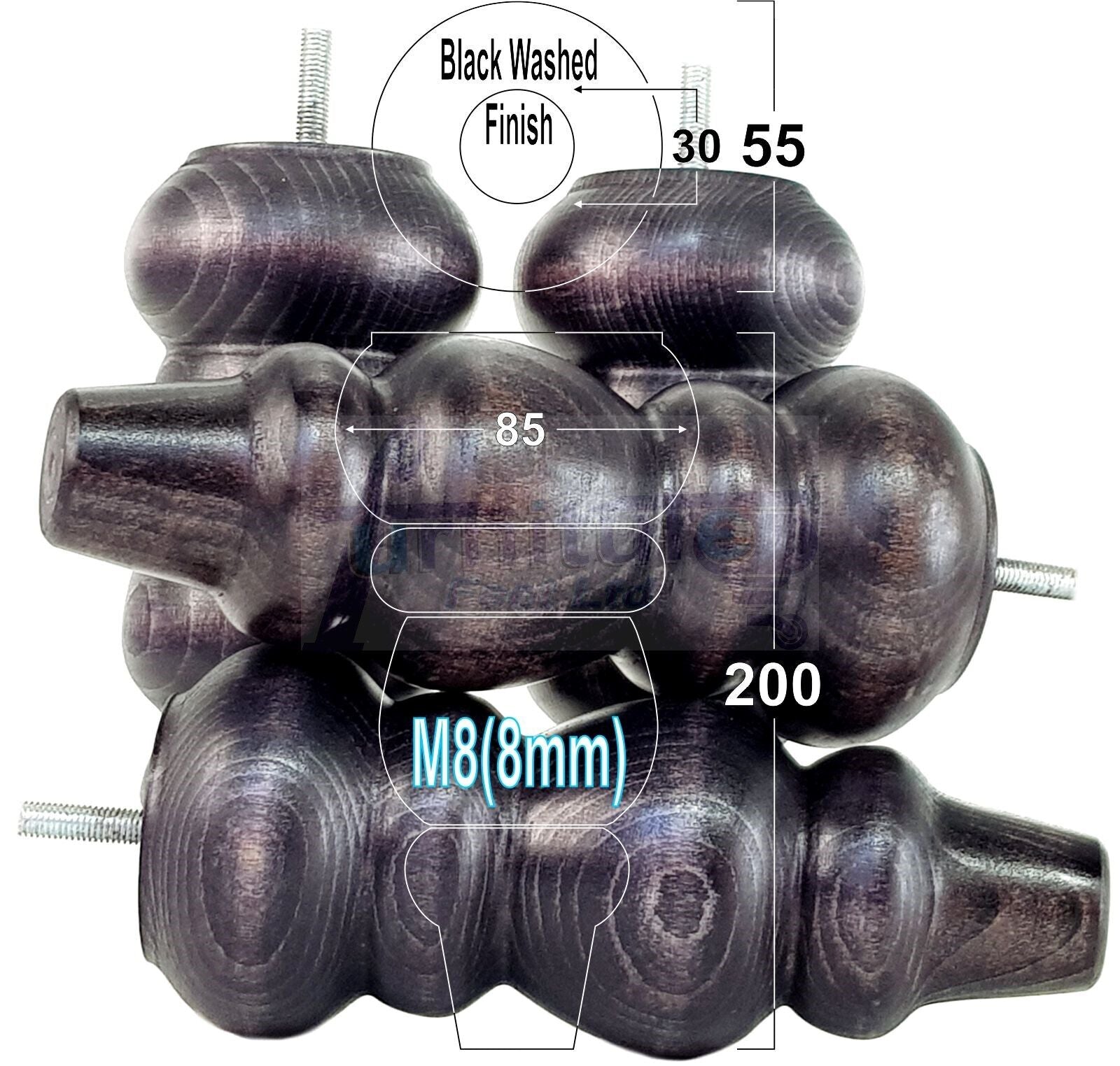 Solid Wood Furniture Feet Replacement Turned Legs 200mm High Chairs Stools Sofa's Beds Settee Cabinets M8 Various Colours Set of 4