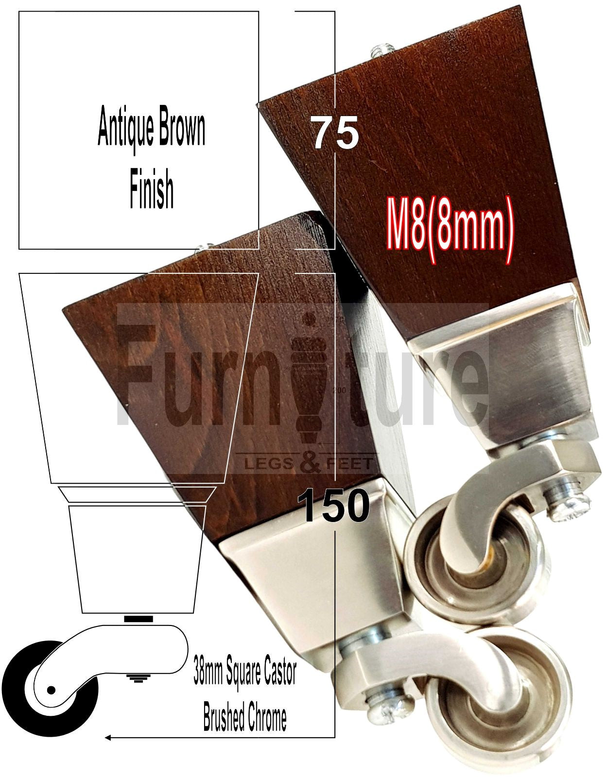 4x Block Wood Furniture Legs With Castor 8mm Thread For Chairs Settees Sofa 150mm High