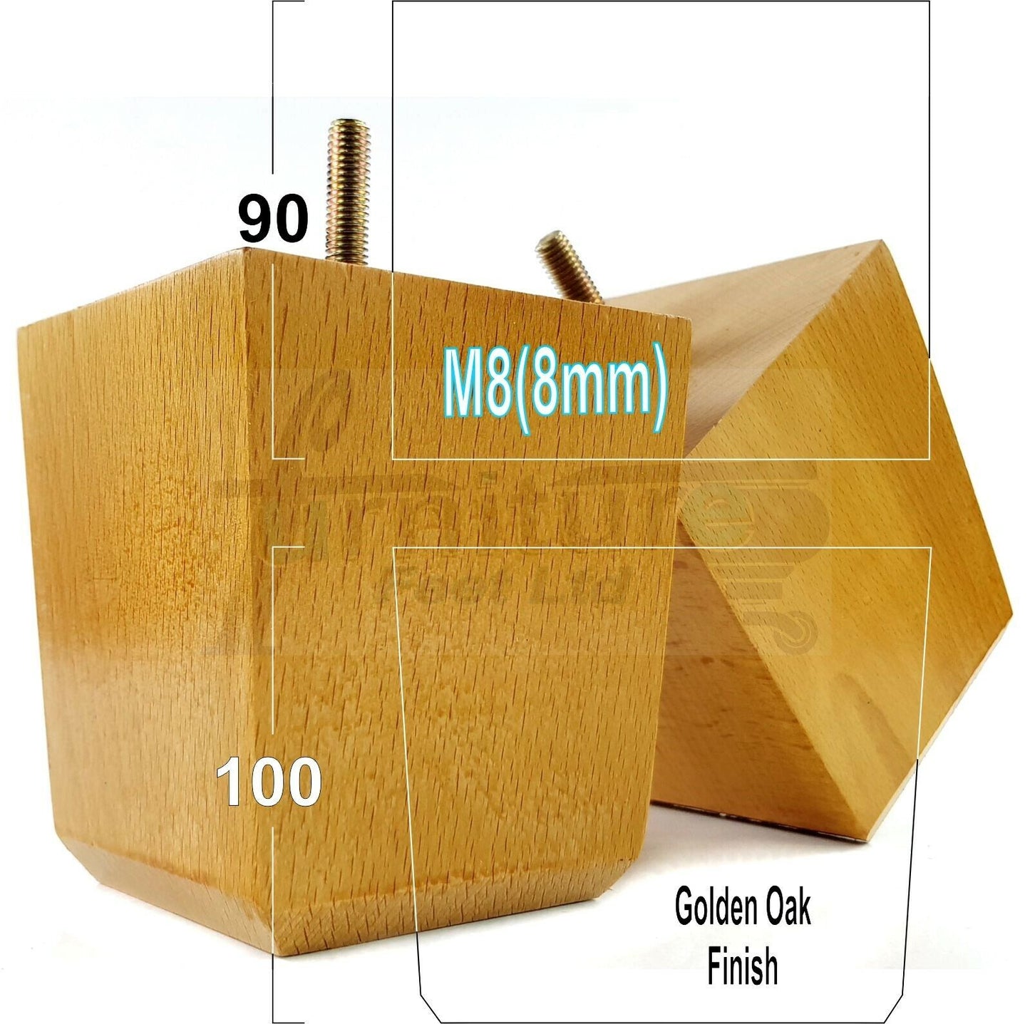 4x Solid Wood Square Furniture Legs Block Replacement Feet 100mm M8(8mm)