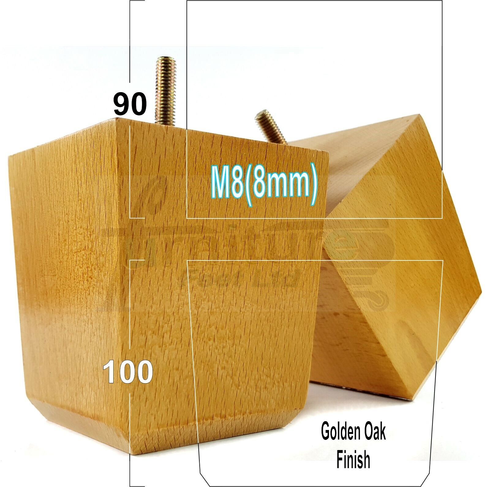 4x Solid Wood Square Furniture Legs Block Replacement Feet 100mm M8(8mm)