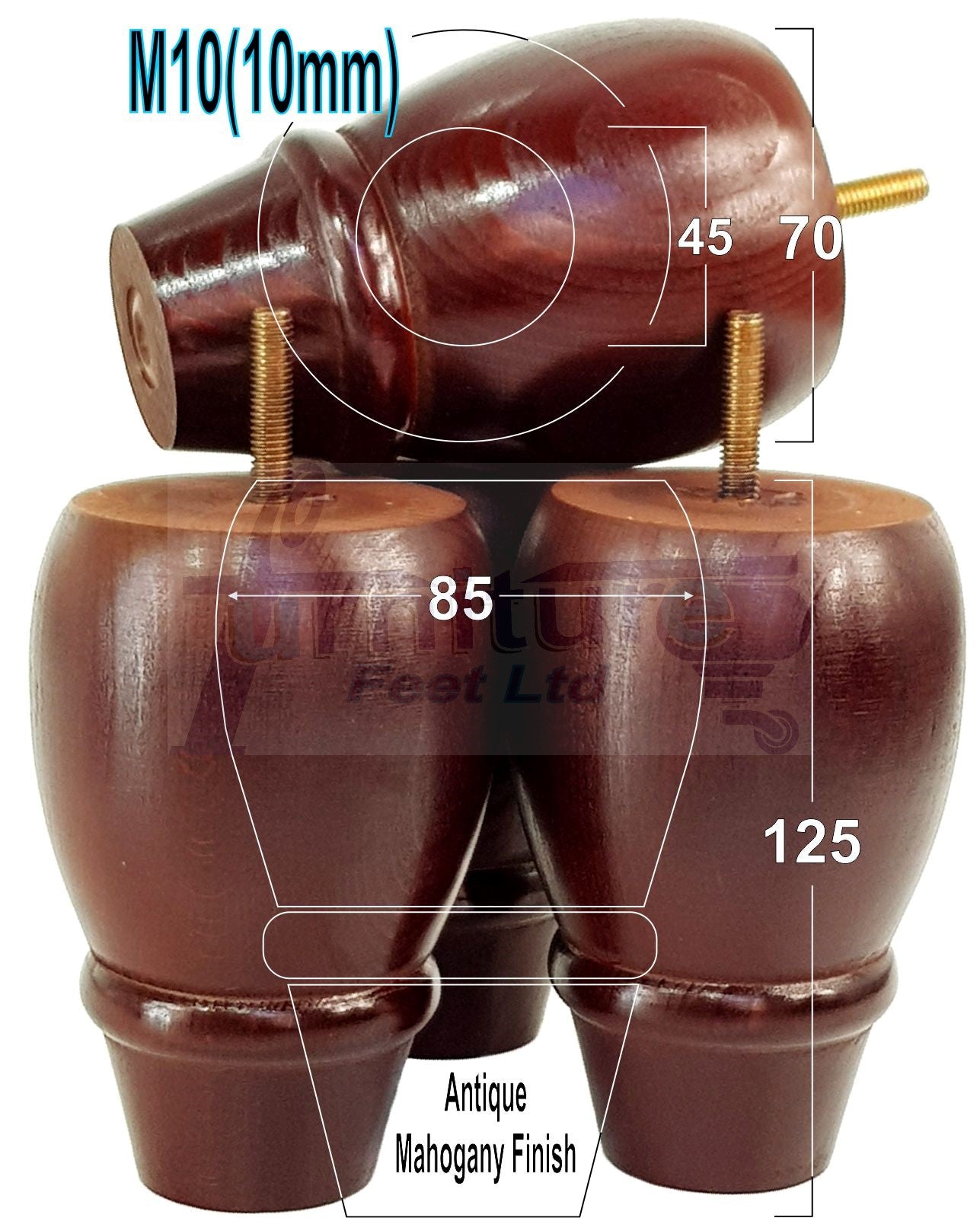 4x Wooden Turned Replacement Furniture Legs 125mm High Settee and Cabinet Feet 10mm Thread