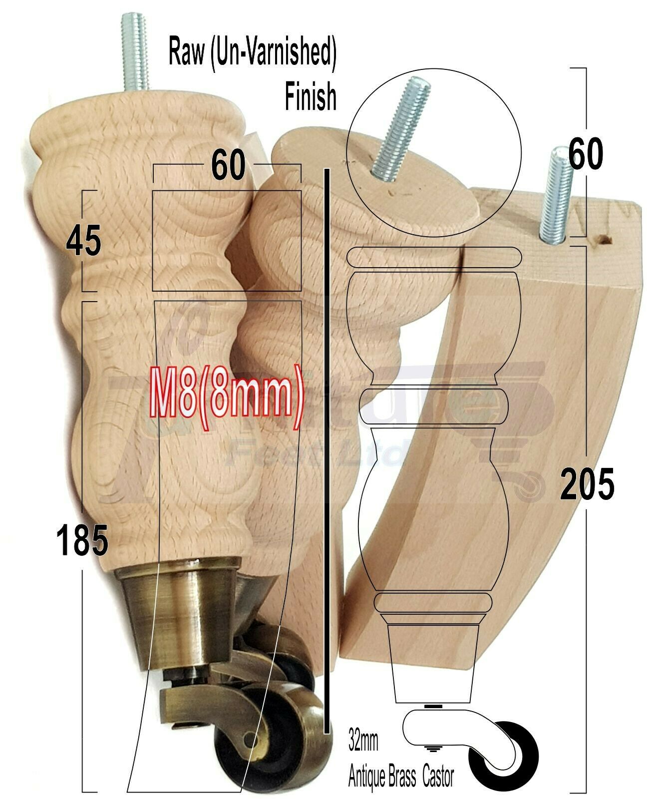 2x Wood Furniture Castor Settee Feet & 2x Curved Legs 8mm Thread 205mm High Raw (Un-Varnished) For Sofas Chairs Stools Cabinets & Beds