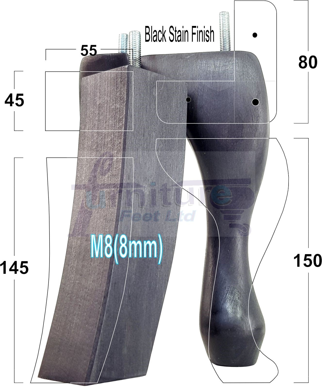 2x Vintage Queen Anne Replacement Furniture Legs & 2x Curved Back Feet 150mm 6 Inch High 8mm Thread