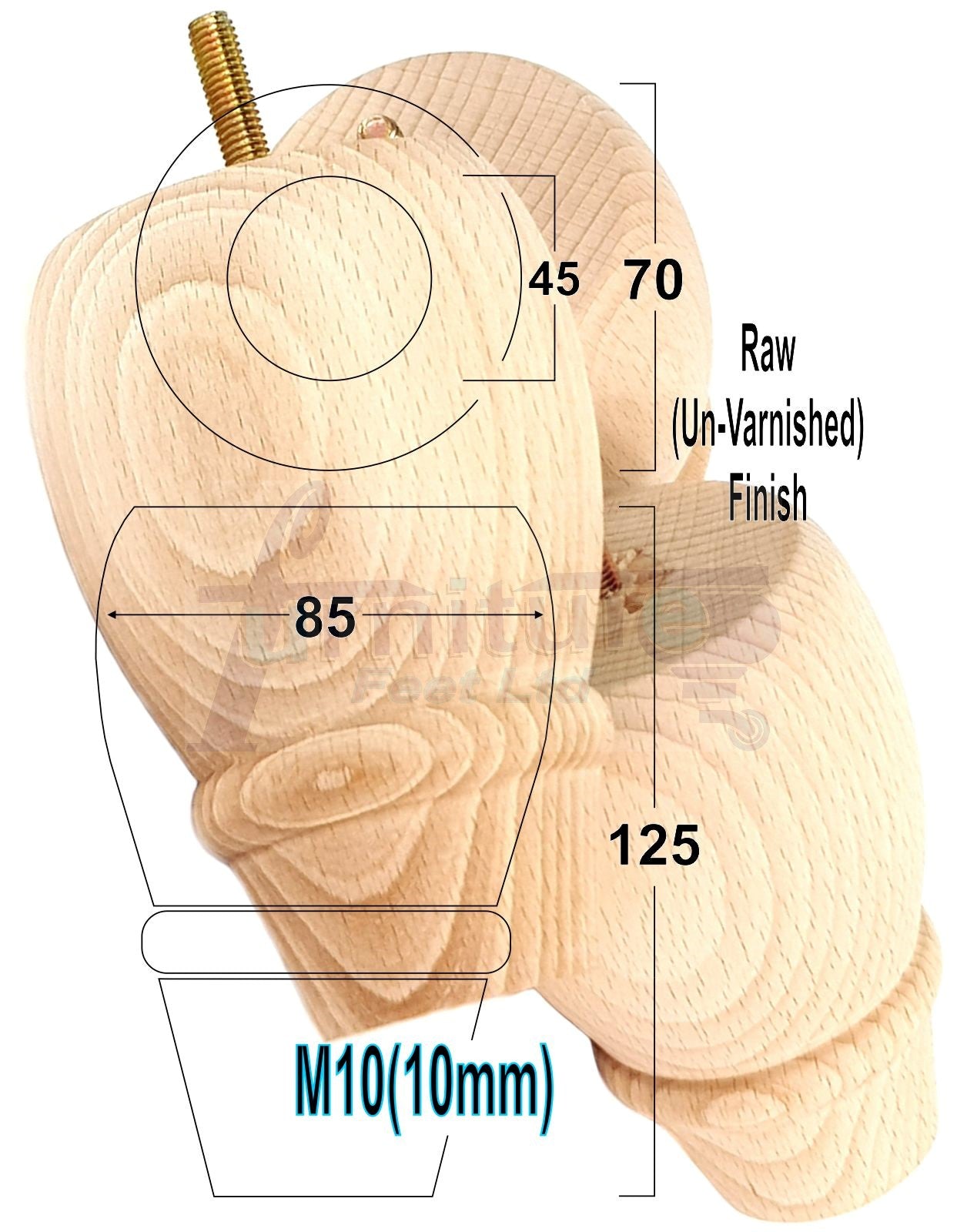 4x Wooden Turned Replacement Furniture Legs 125mm High Settee and Cabinet Feet 10mm Thread