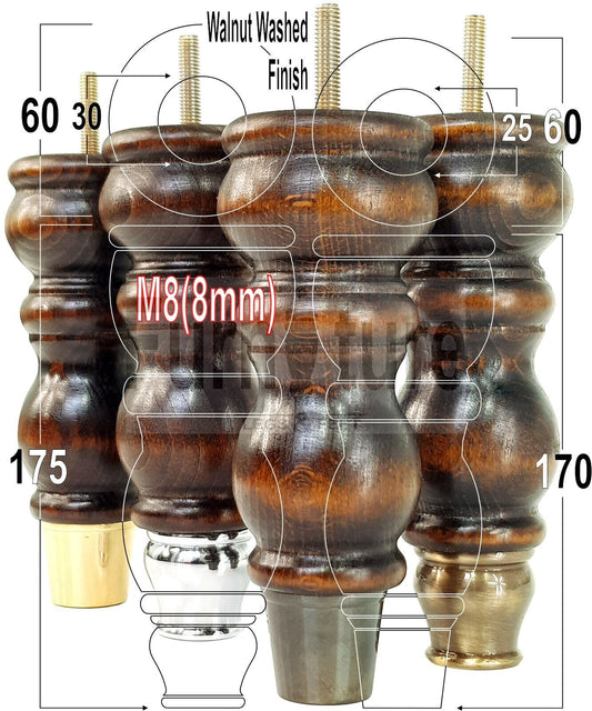 4x Furniture Feet With Slipper Cup 175mm High Legs Dark Walnut Finish Wood M8 Sofas Chairs Cabinets