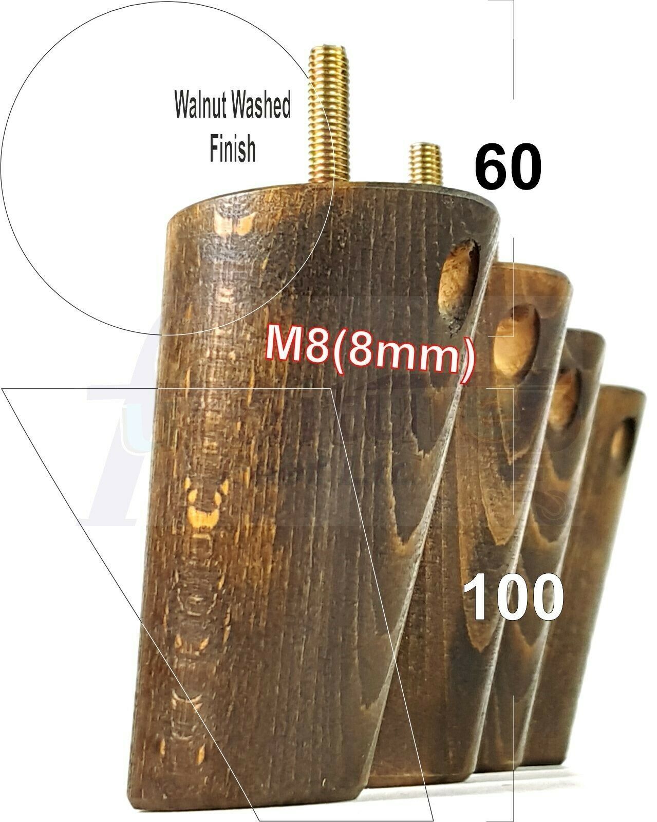 4 Solid Wood Turned Furniture Feet Replacement Mid Centry Angled Retro Legs 100mm High M8 Sofa Chairs Stools Cabinets Beds