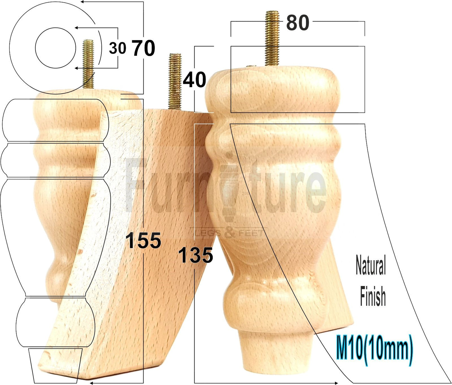 2x Turned Wood Furniture Feet 155mm and 2 Curved Back Legs Sofas Chairs Stools Cabinets Beds M10 Thread 6 Inches