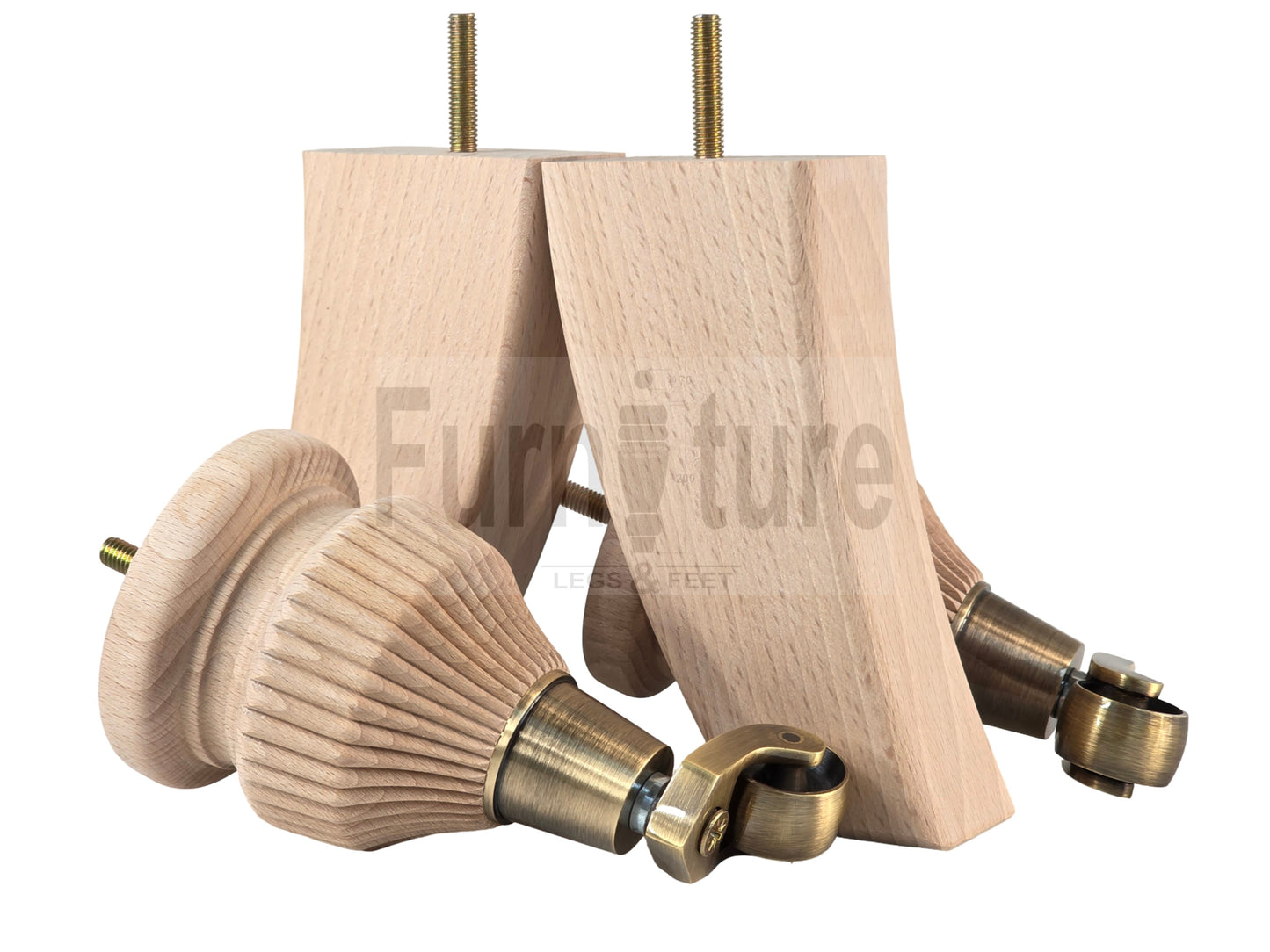 Solid Wood Replacement Furniture Legs 6 Inches with 2x Castors and 2x Back Feet 155mm High M8 Dowl Fixing - Raw Wood