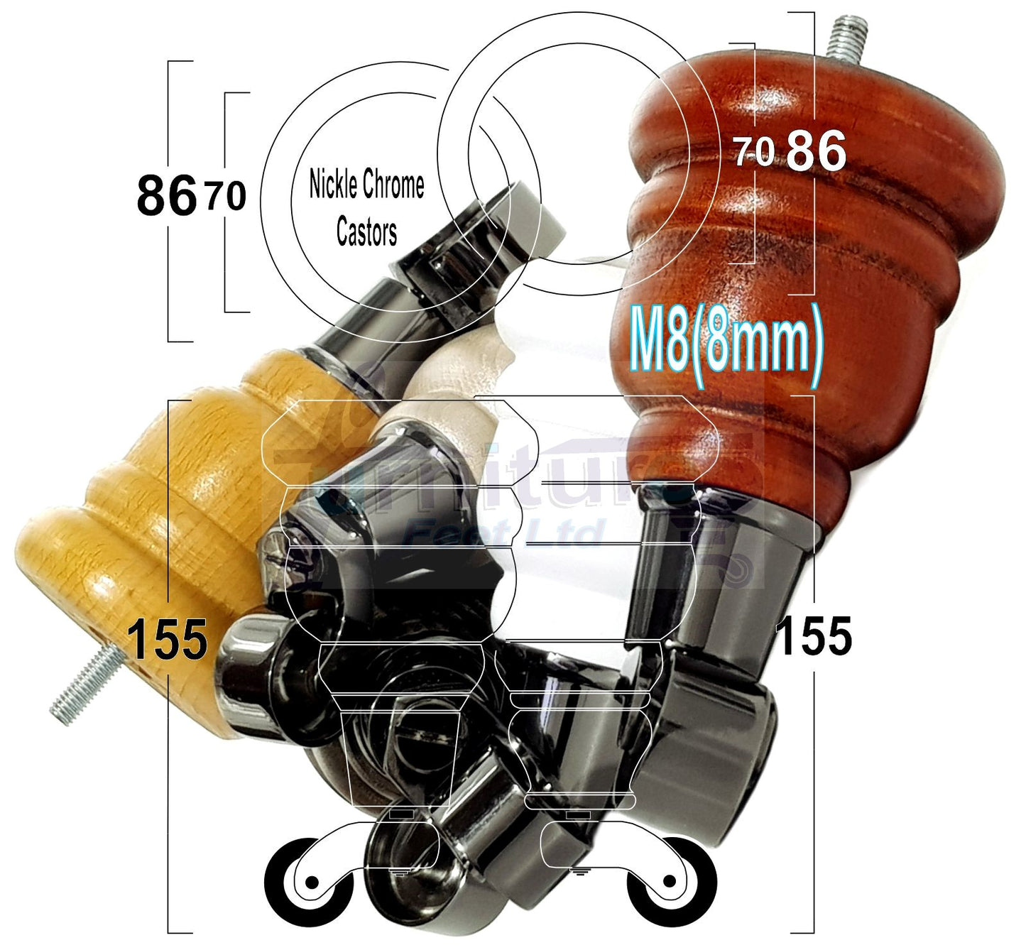 4 Turned Wood Furniture Feet With Black Chrome Castors 155mm Legs Sofas Chairs Stools Cabinets Beds M8 6 Inches