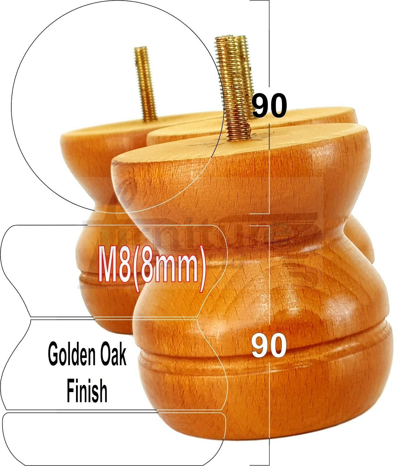 4x Turned Solid Wood Furniture Legs Replacement Bun Feet 90mm High 8mm Thread