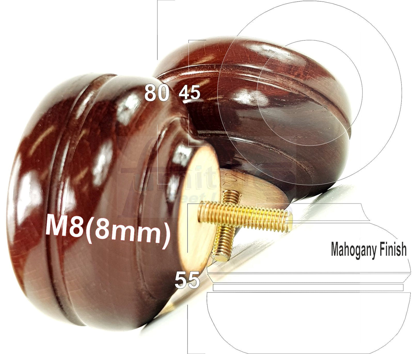 4 Wood Replacment Furniture Legs M8 Sofa Settee Bed Feet 55mm High