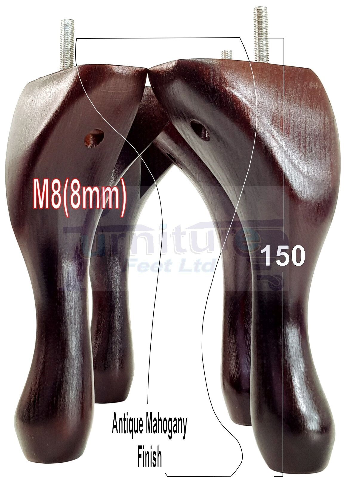 4 Solid Wood Furniture Feet 150mm High Queen Anne Replacement Legs M8 (8mm) 6 Inches Chair Stools Bed Sofa Georgian Style