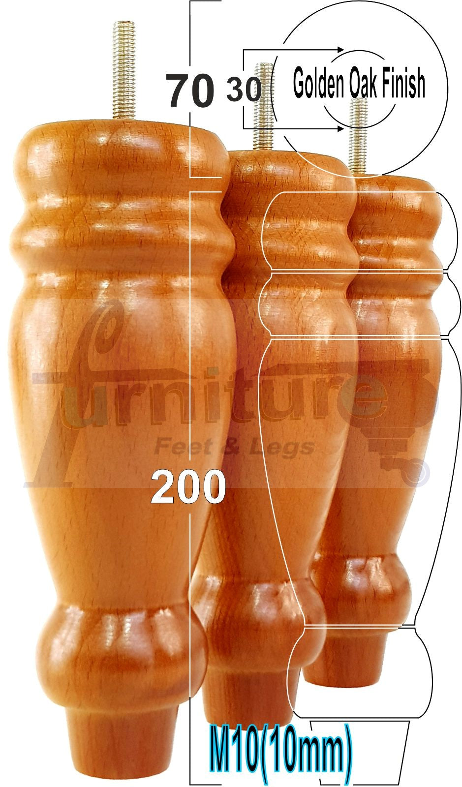 Set Of 4 Turned Furniture Legs Replacement Sofa Feet 200mm Hight M10 Thread