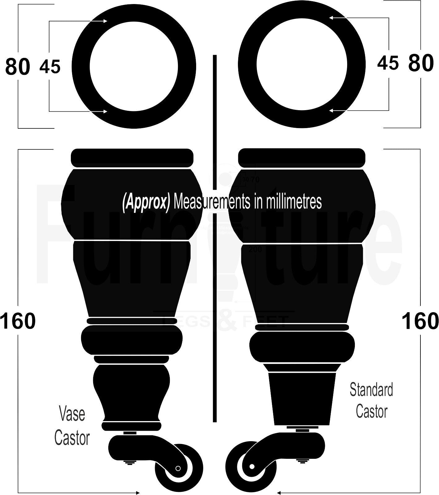 4 Turned Wood Feet Dark Oak Stain Castor Legs Chair Furniture Stools Sofa Chairs M8 160mm 6 Inch High