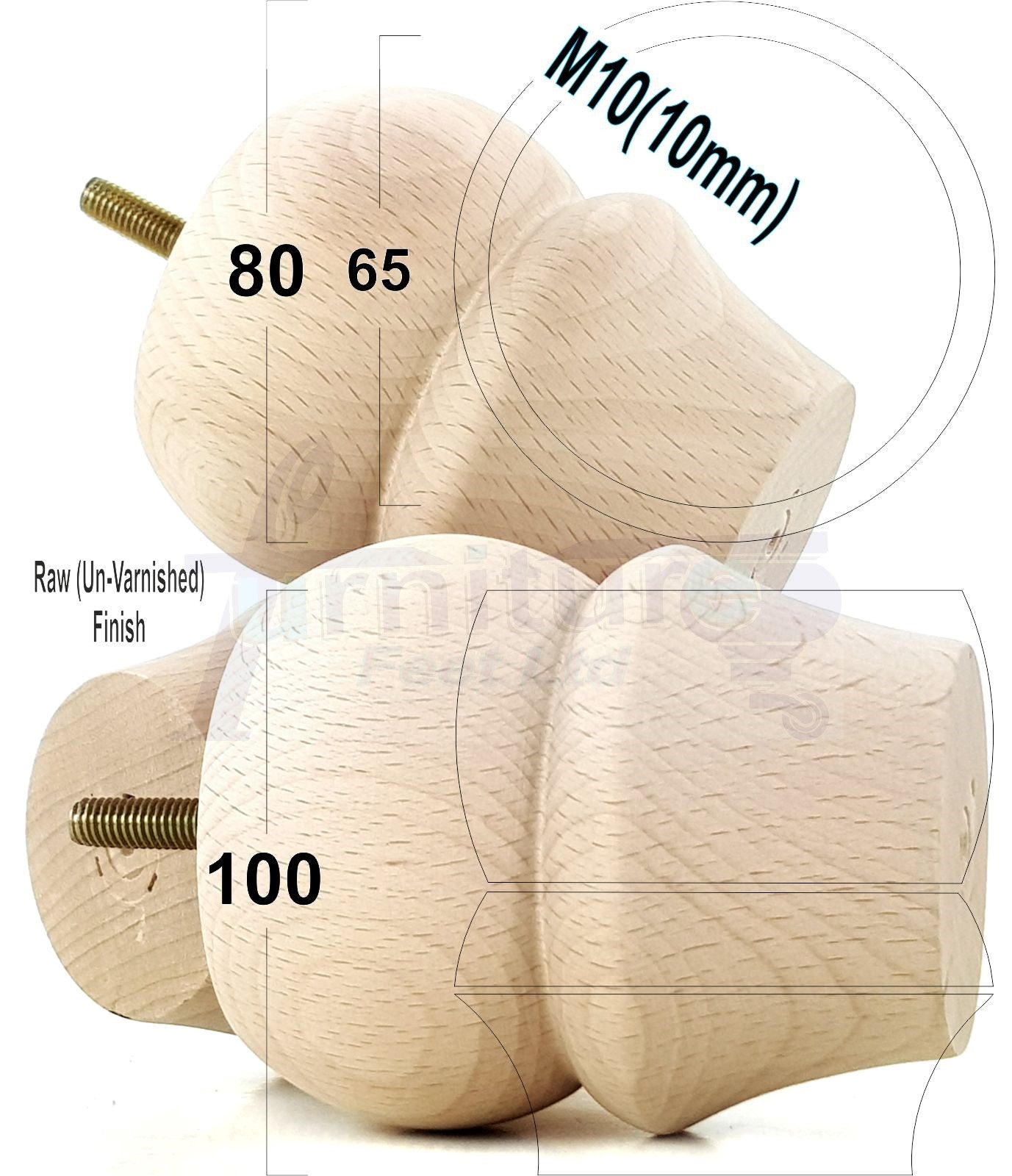 Set Of 4 Solid Wood Turned Furniture Legs Replacement Bun Feet 100mm High 10mm Thread