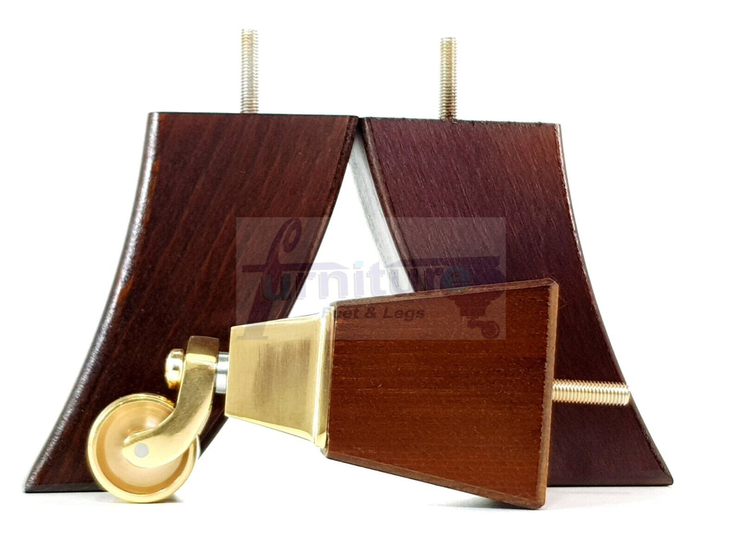 2x Cuved Wood Furniture Legs & 2x Brass Castor Feet 150mm High For Chairs Sofas Settees 8mm Thread