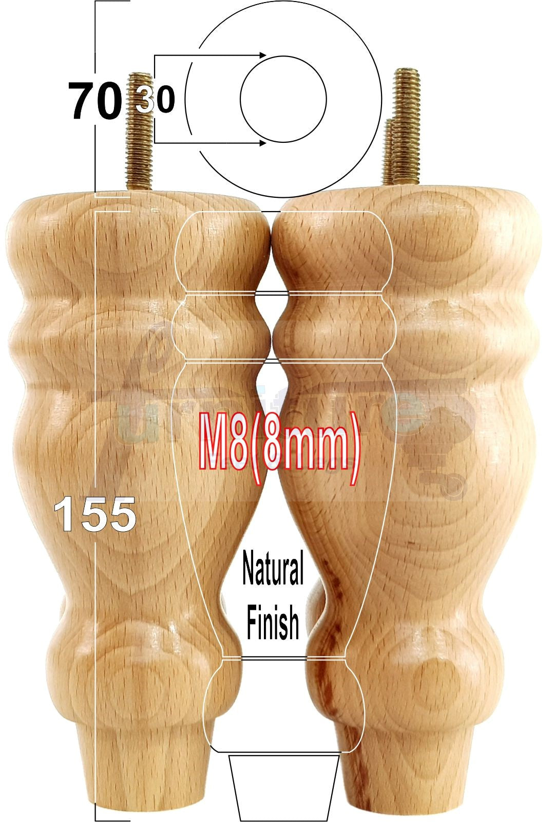 Set Of 4 Turned Wood Furniture Replacement Feet 155mm High 8mm Tread