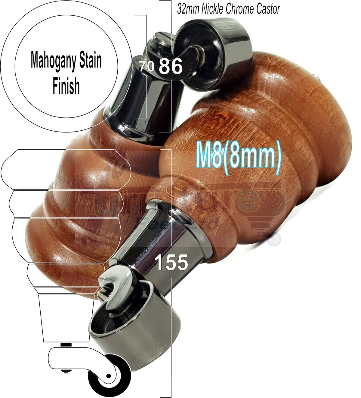 4 Turned Wooden Replacement Furniture Legs with Castors 6 Inch 155mm High Sofa Feet M8 Dowl Fixing - Black Castor