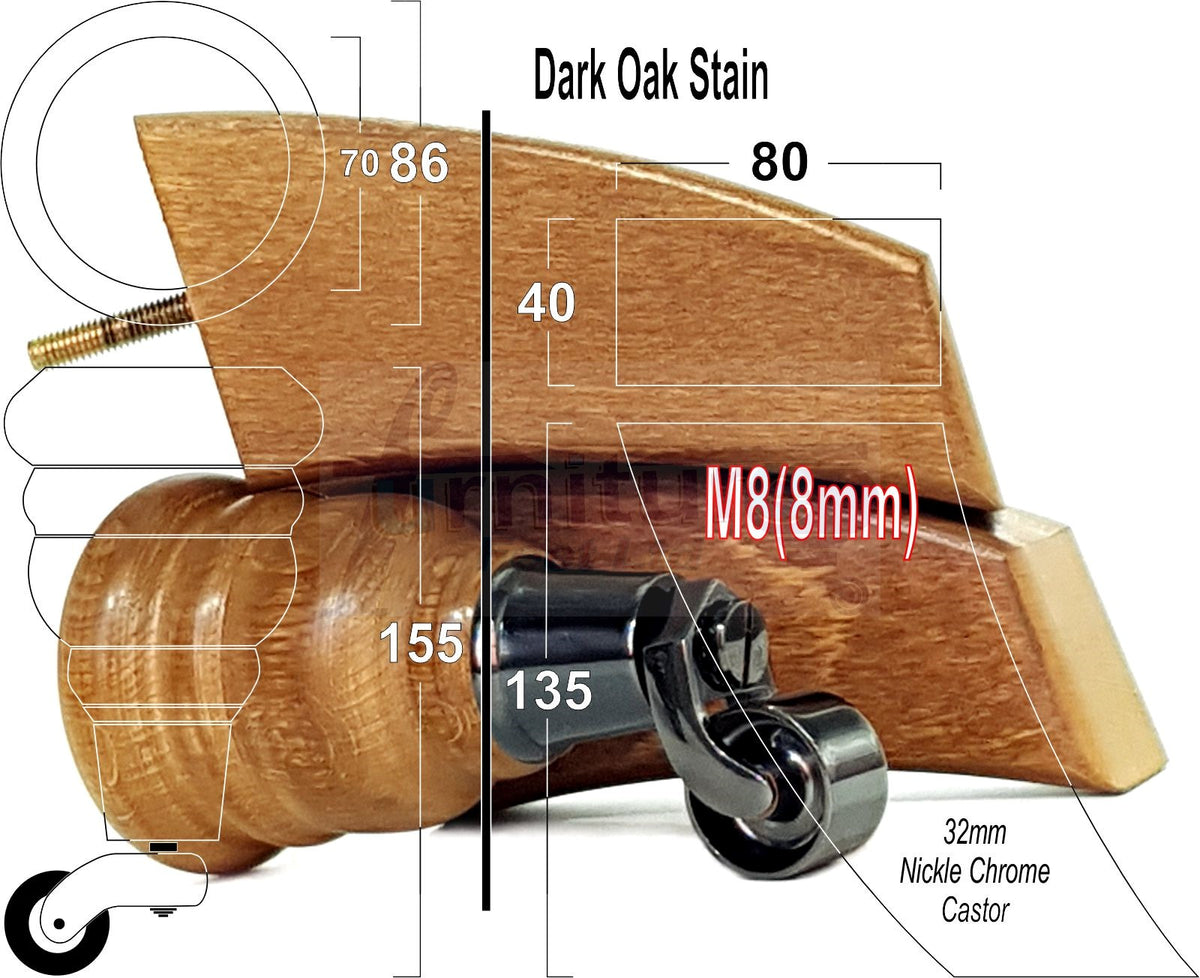 Dark Oak Stain Turned Wood Furniture Legs 2x with Castors 155mm 6 Inches High and 2x Curved Back Legs M8 Fixing
