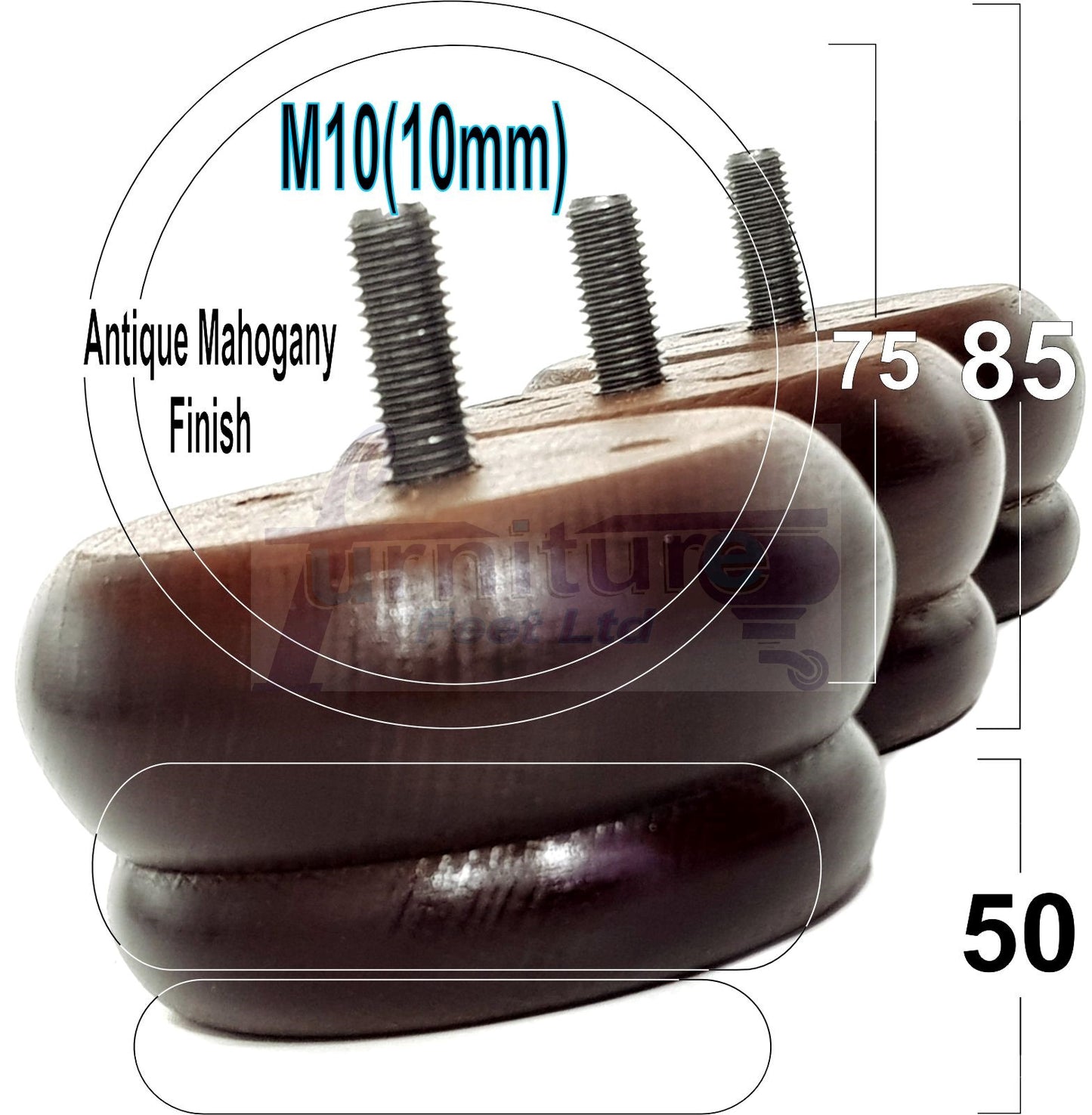 4 Wood Bun Feet Replacement Furniture Legs 50mm High M10 Thread Chairs Beds
