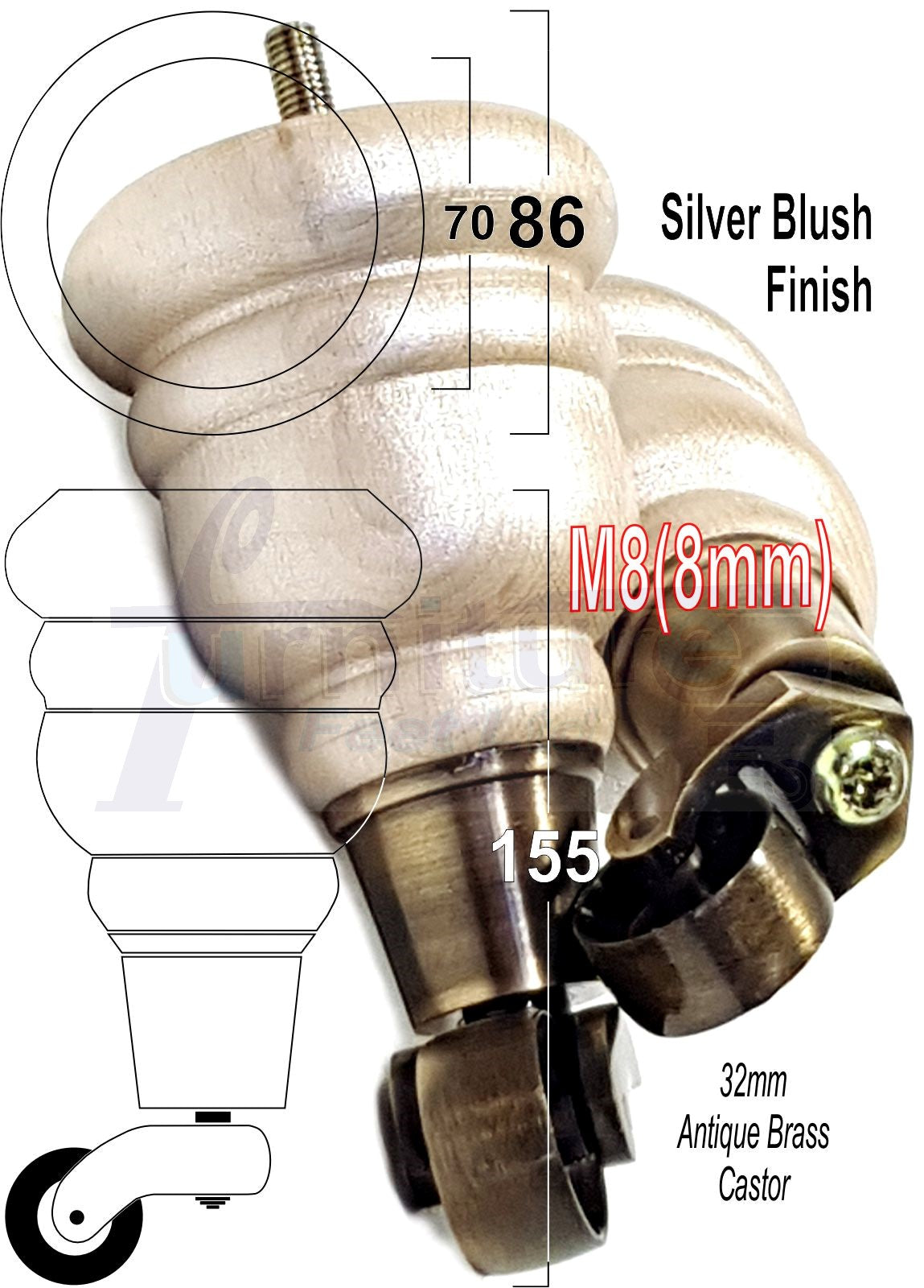 4 Turned Wood Furniture Feet With Antique Brass Castors 155mm Legs Sofas Chairs Stools Cabinets Beds M8 6 Inches