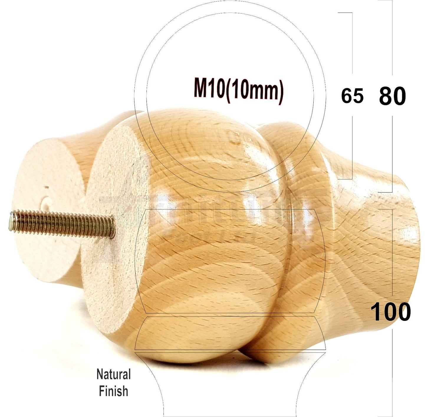 Set Of 4 Solid Wood Turned Furniture Legs Replacement Bun Feet 100mm High 10mm Thread