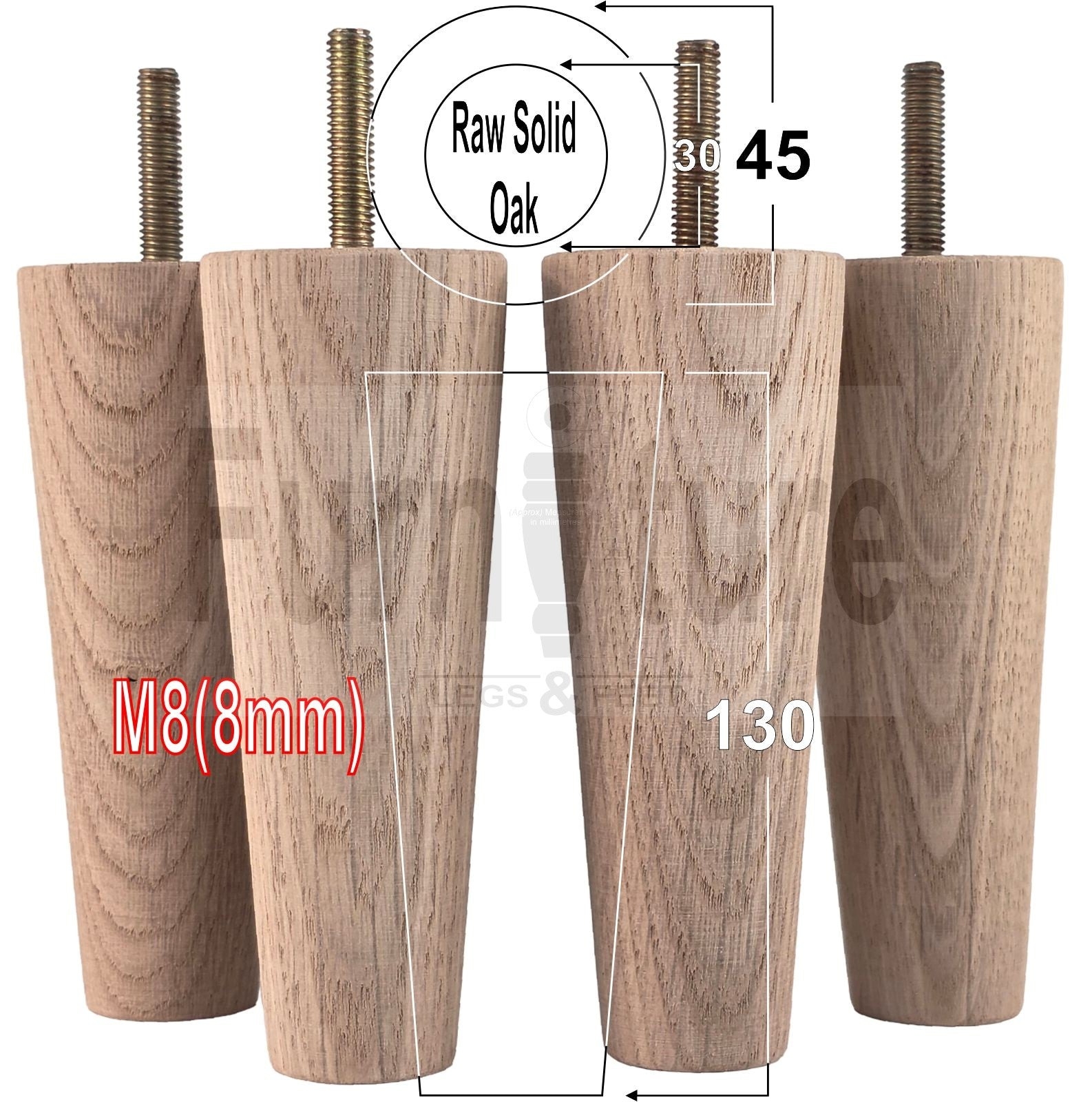 4 Turned Solid Oak Furniture Leg 130mm High M8 Mid Centry Retro Replacement Feet