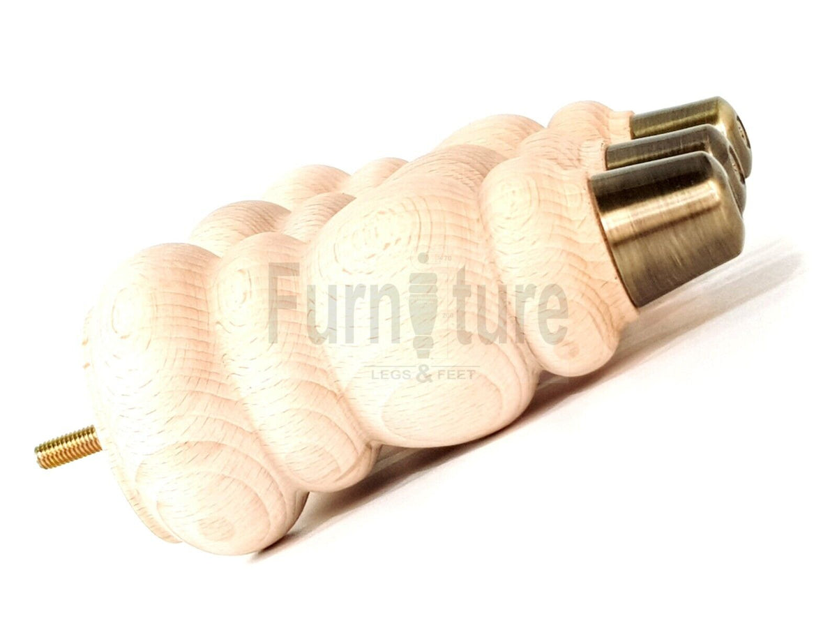 4x Round and Turned Wood Furniture Legs With Brass Slipper Cups Replacement Feet 165mm High M8 Thread