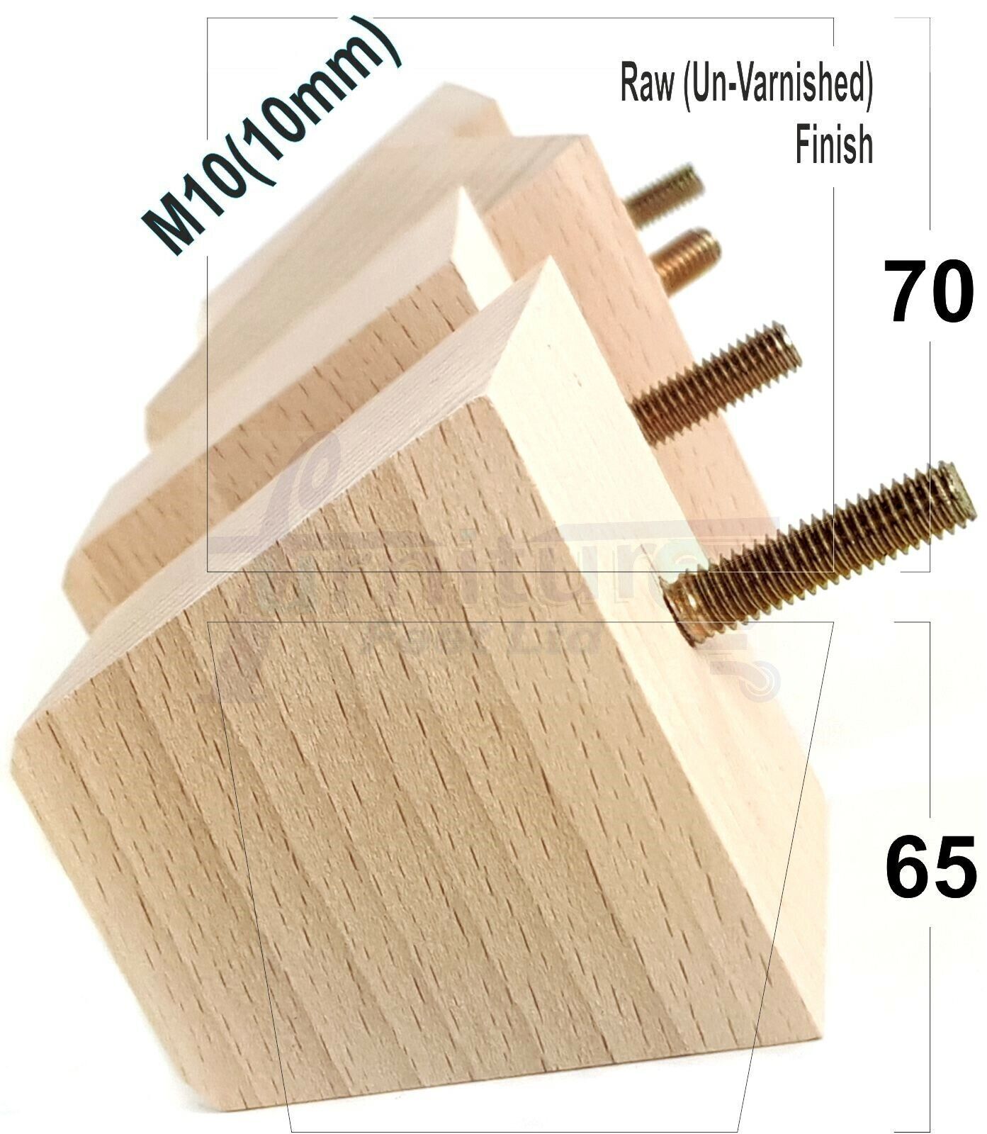 4 Solid Wood Square Furniture Feet Replacement Legs 65mm High M10 Thread