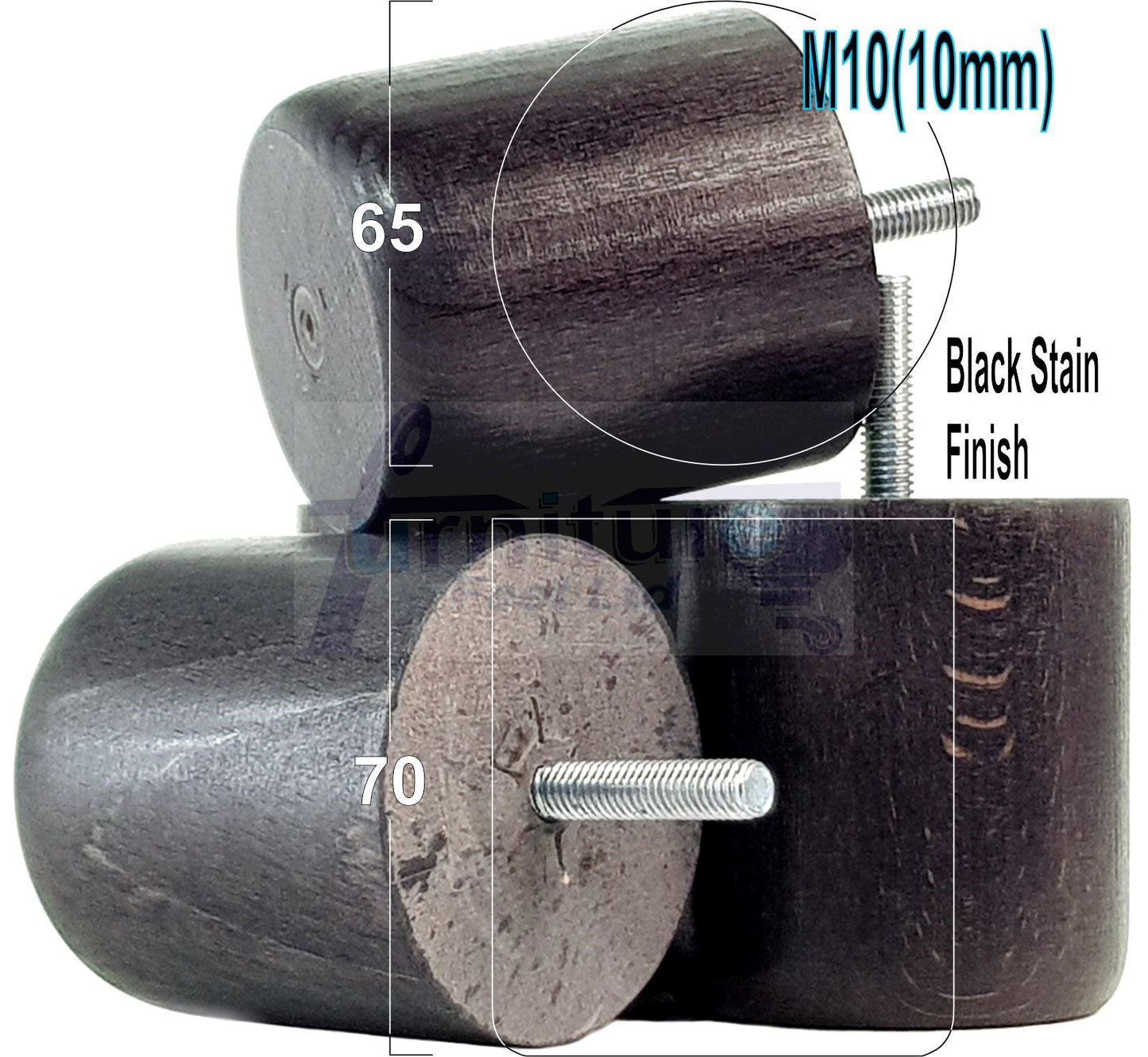 4x Solid Wood Turned Furniture Legs Replacement Bun Feet 70mm High 10mm Thread